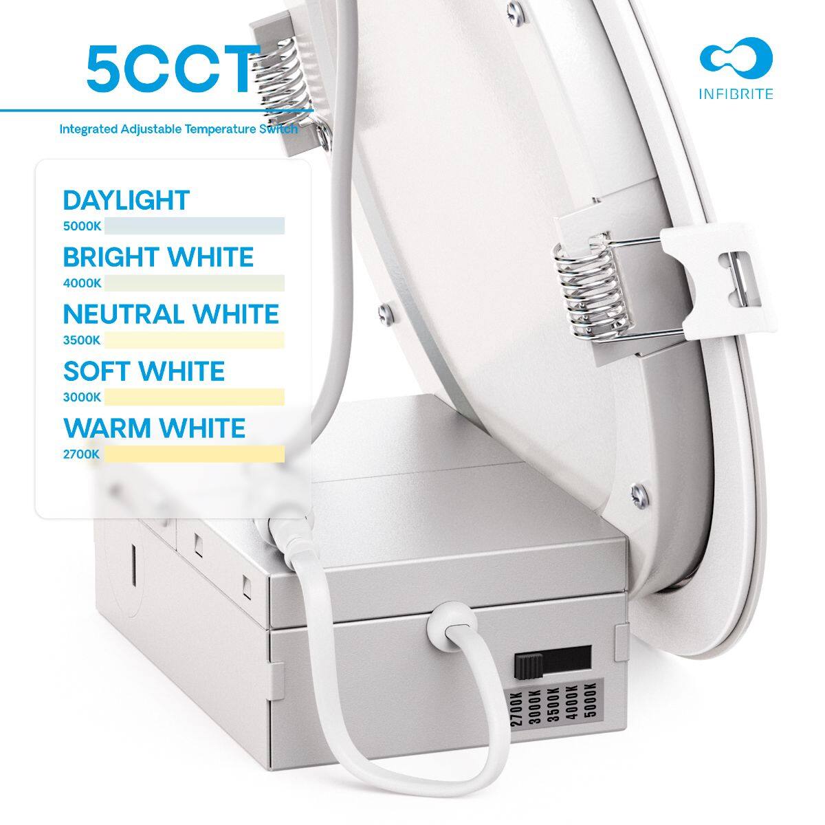 5CCT INFIBRITE Integrated Adjustable Temperature Switch

DAYLIGHT 5000K  
BRIGHT WHITE 4000K  
NEUTRAL WHITE 3500K  
SOFT WHITE 3000K  
WARM WHITE 2700K