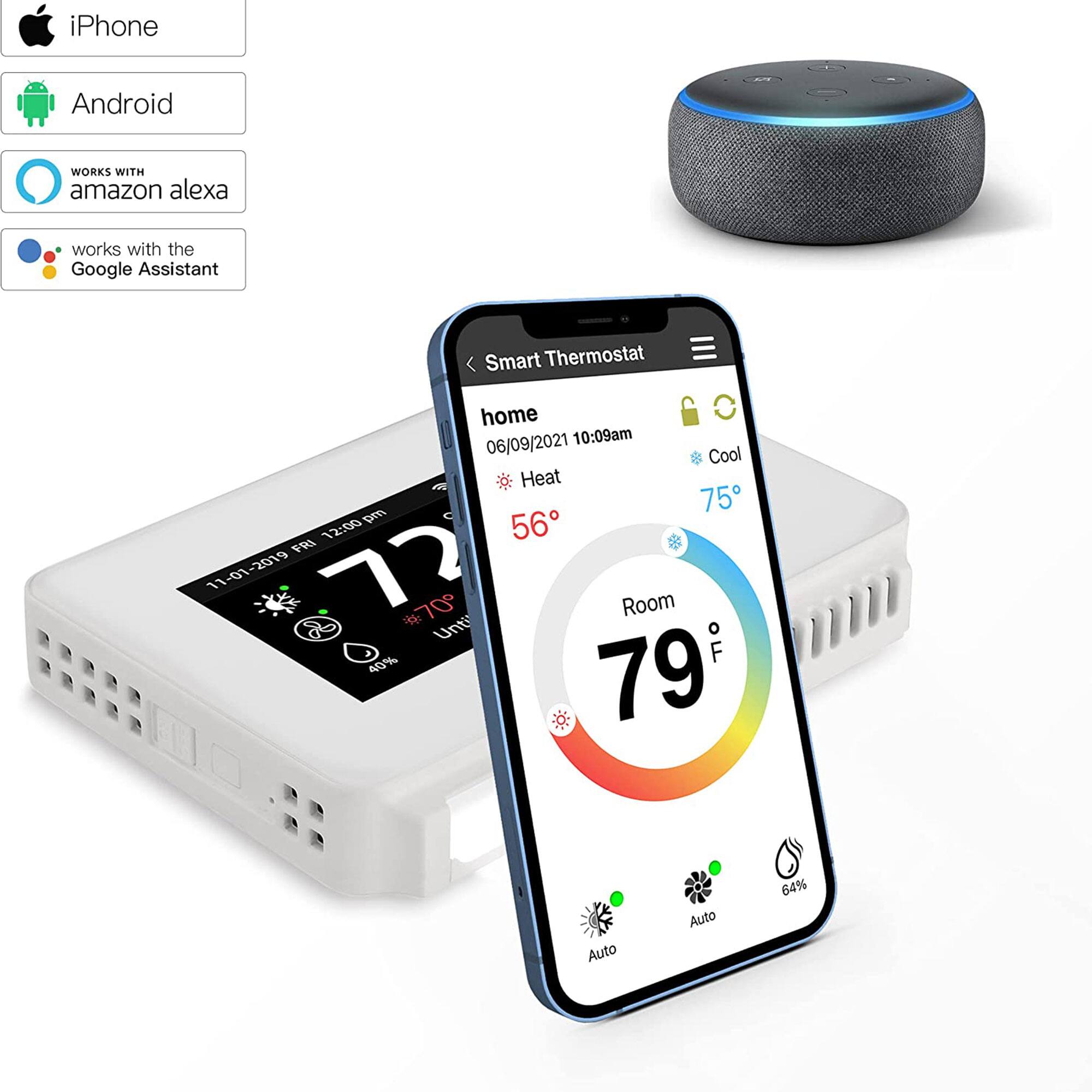 iPhone Android WORKS WITH amazon alexa works with the Google Assistant Smart Thermostat home 06/09/2021 10:09am Cool Heat 75 pm 56 12:00 FRI 11-01-2019 -2019 LL 11-01 #70 Room 6  Unt F 49% 79 Auto Auto 64%