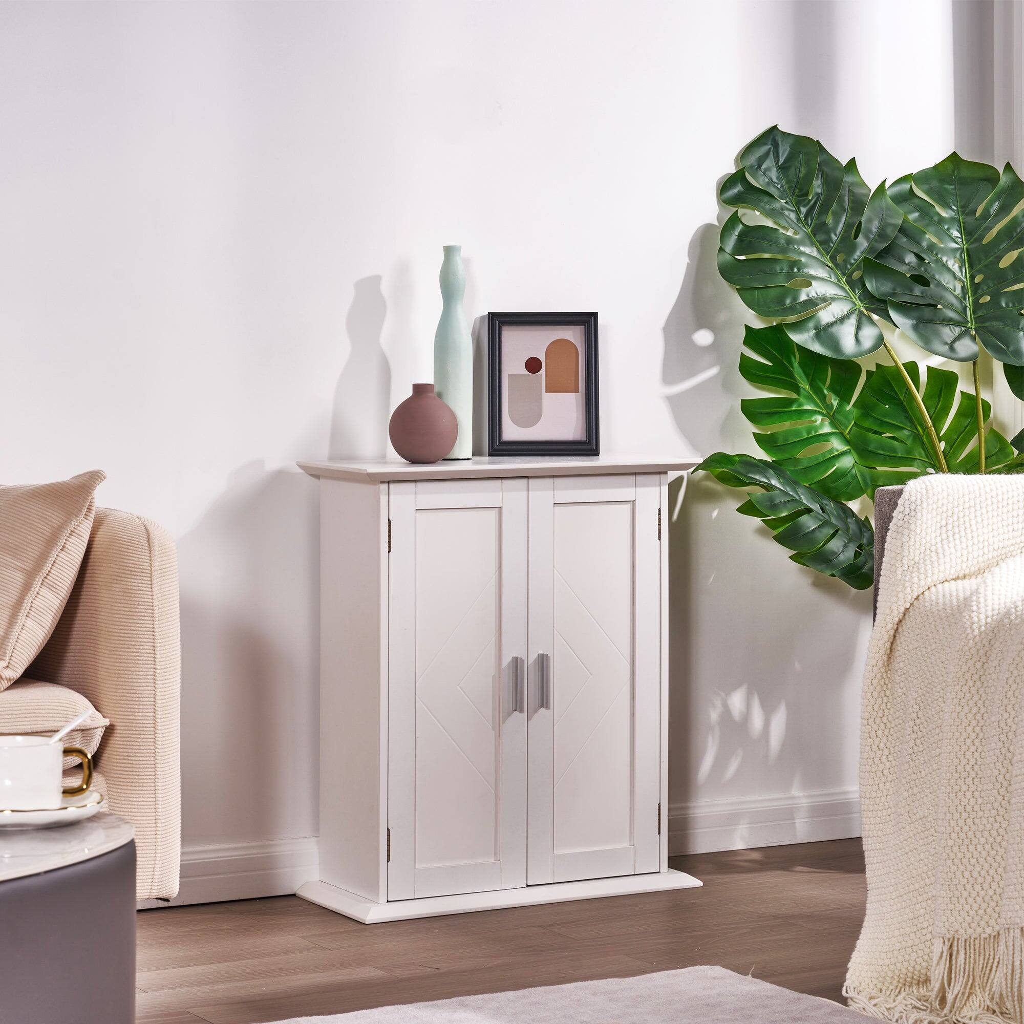 Alt View 3. Vecelo - Freestanding Bathroom Storage Cabinet with Adjustable Shelves, Waterproof MDF Floor Cabinet for Small Spaces - White.