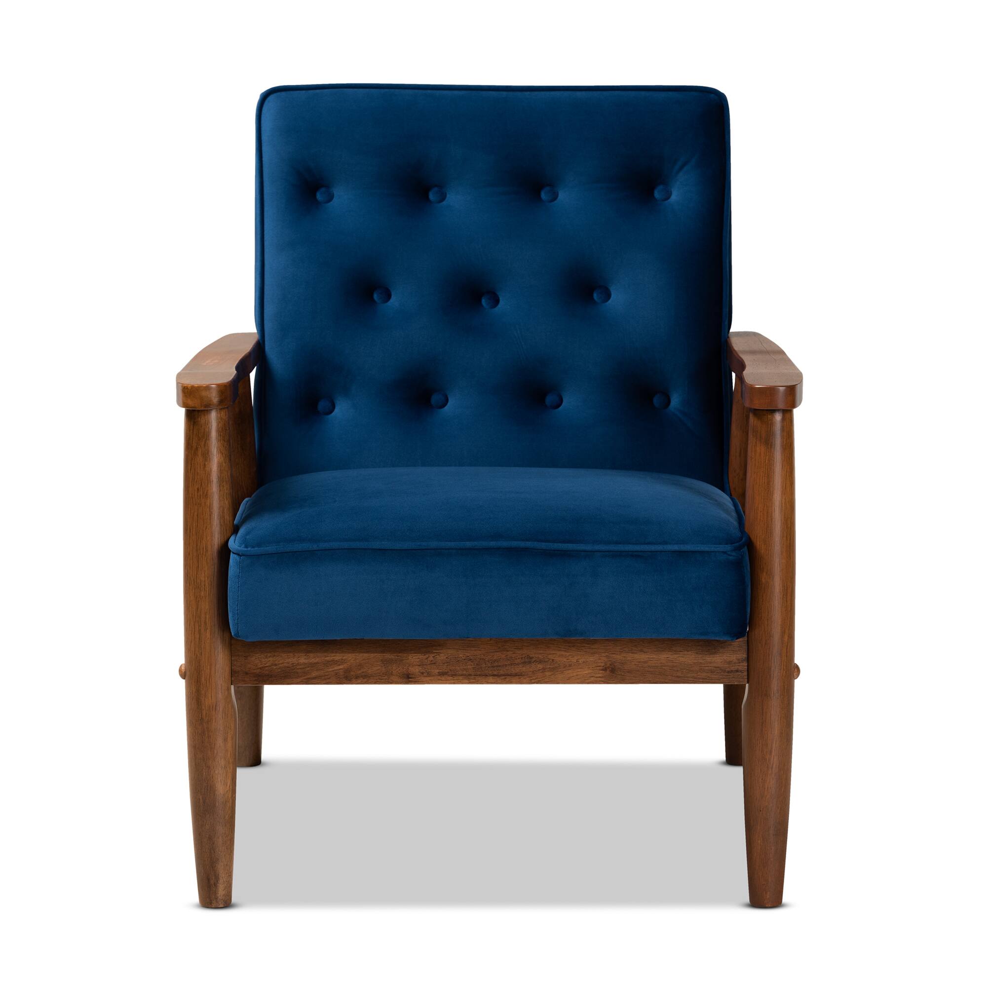 Angle. Baxton Studio - Sorrento Mid-century Modern Velvet Fabric Upholstered Walnut Finished Wooden Lounge Chair - Navy Blue/Brown.