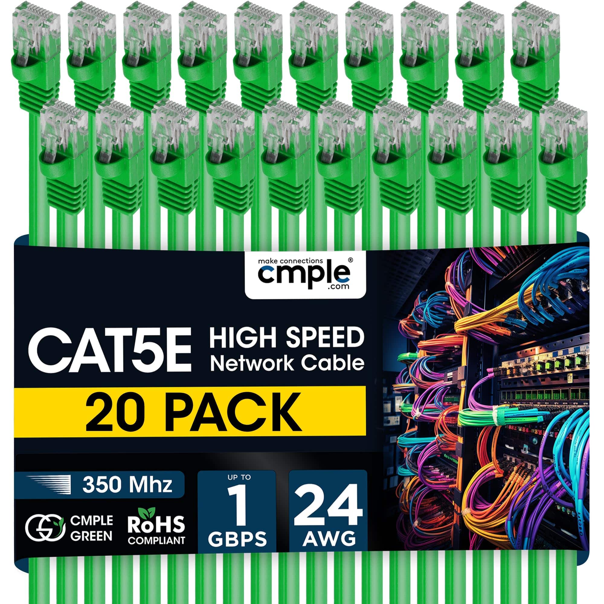 Cmple.com - Cmple - 20 Pack Cat5e Ethernet Cable 5ft Internet Patch Cord, RJ45, 1 Gigabit Router Cables 350Mhz LAN Wire - Green