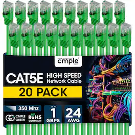 Cmple.com - Cmple - 20 Pack Cat5e Ethernet Cable 5ft Internet Patch Cord, RJ45, 1 Gigabit Router Cables 350Mhz LAN Wire - Green
