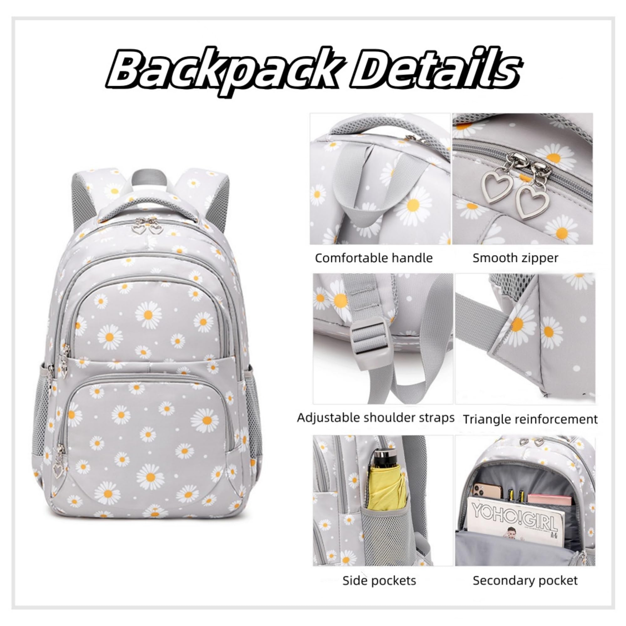 Backpack Details

- Comfortable handle
- Smooth zipper
- Adjustable shoulder straps
- Triangle reinforcement
- Side pockets
- Secondary pocket

YOHO!GIRL 44