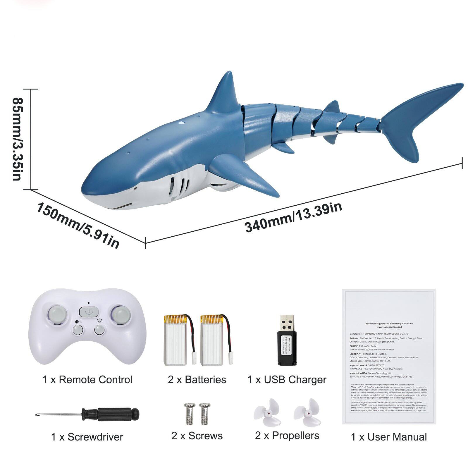 85mm/3.35in  
150mm/5.91in  
340mm/13.39in  

- 1 x Remote Control  
- 2 x Batteries  
- 1 x USB Charger  
- 1 x Screwdriver  
- 2 x Screws  
- 2 x Propellers  
- 1 x User Manual