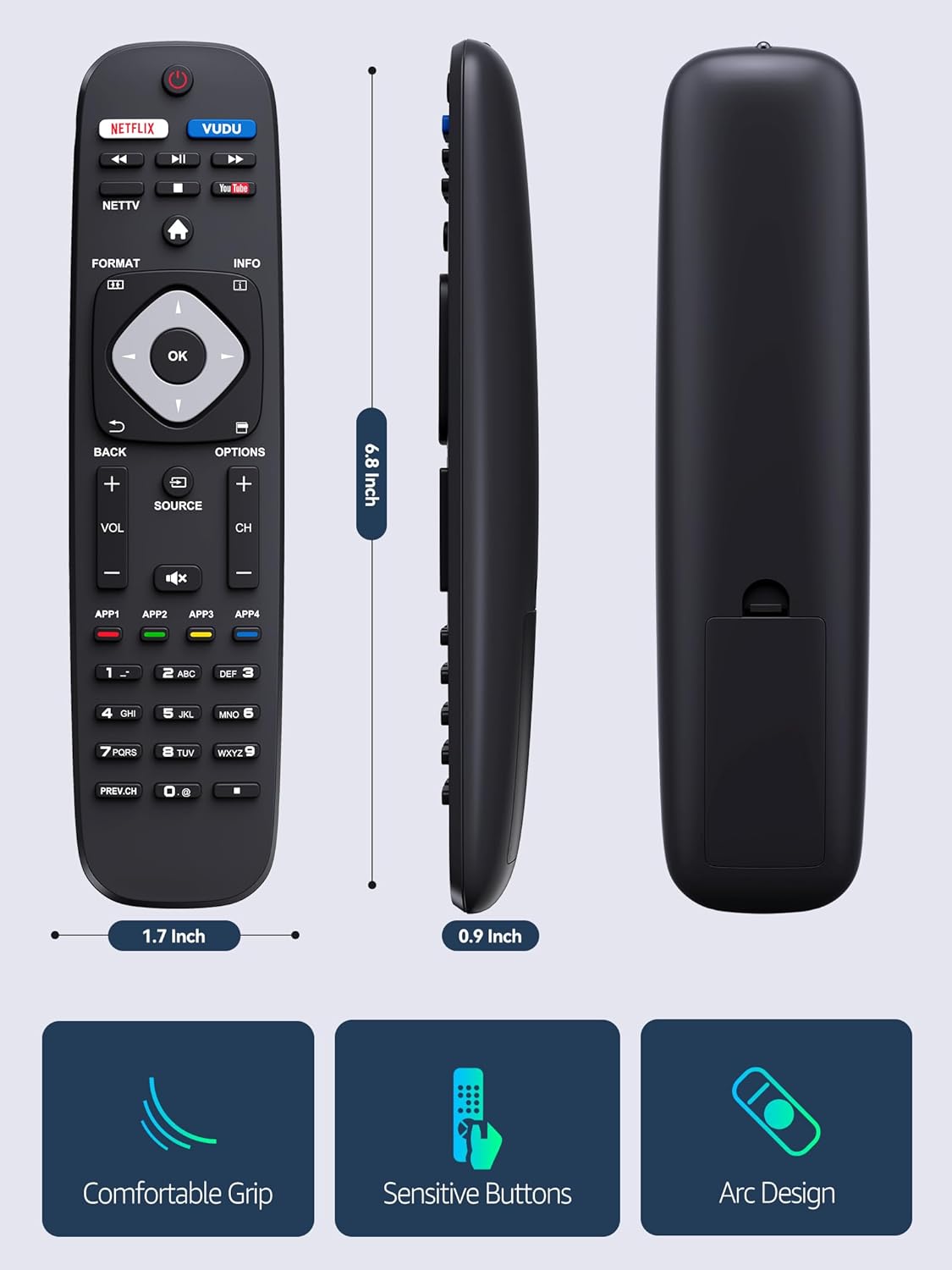 NETFLIX VUDU NETTV YouTube FORMAT INFO 13 - OK - BACK + VOL OPTIONS + SOURCE CH 6.8 Inch x 1.7 Inch 0.9 Inch Comfortable Grip Sensitive Buttons Arc Design