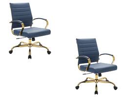LeisureMod - (Set of 2) Benmar Leather Office Chair with Gold Accents, Adjustable Height, Swivel Ergonomic Design for Home Office - Navy Blue