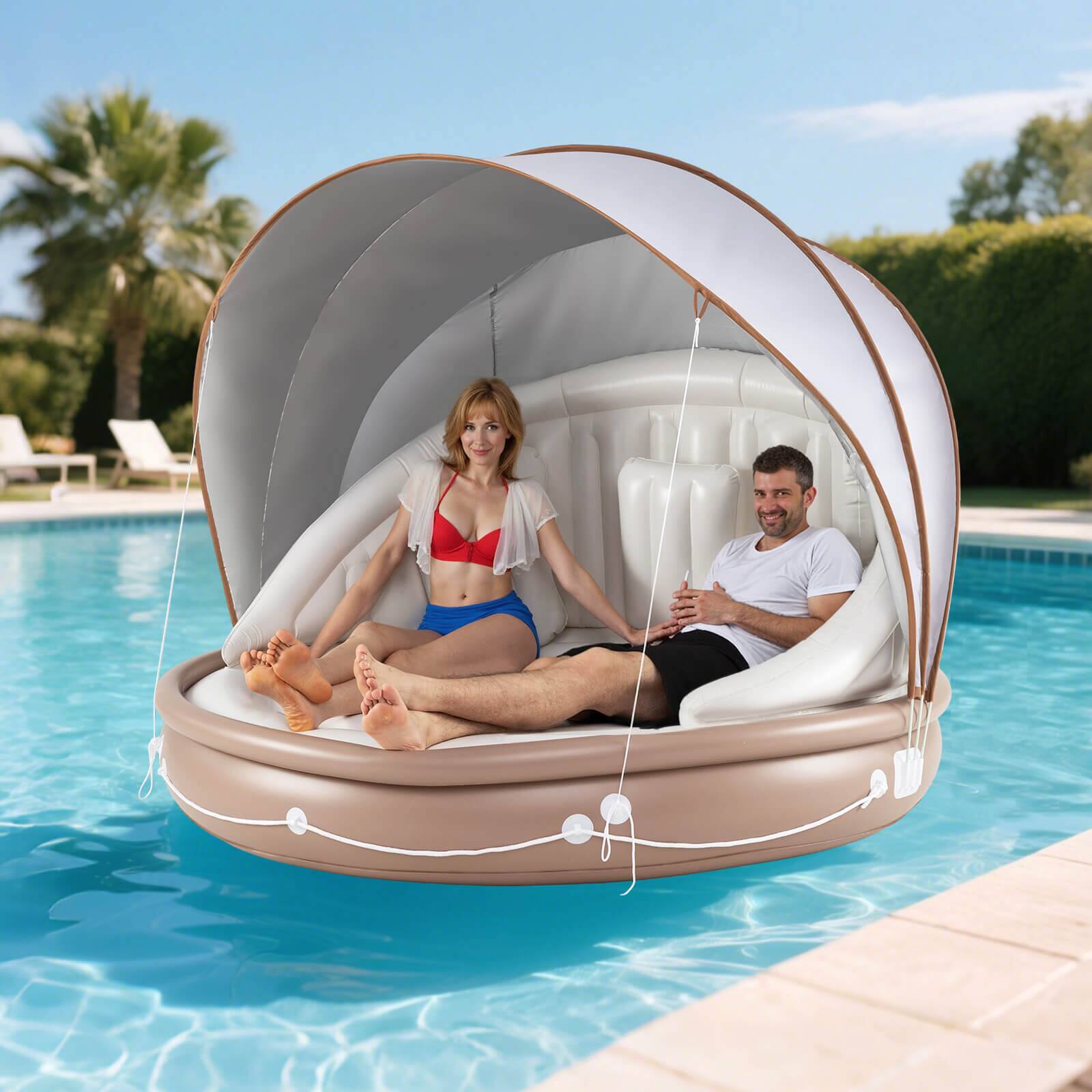 Alt View 2. Costway - Costway 73" Tanning Pool Lounger Float with Retractable & Removable Canopy SPF50+ - White + Brown + Silver.