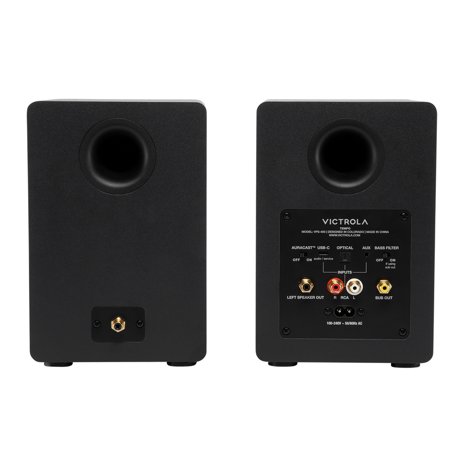 VICTROLA TEMP MODEL - AURACAST - USB-C OPTICAL AUX BASS FILTER OFF ON aud - INPUTS OFF - LEFT SPEAKER OUT R RCA L SUB OUT 100-240V - MC