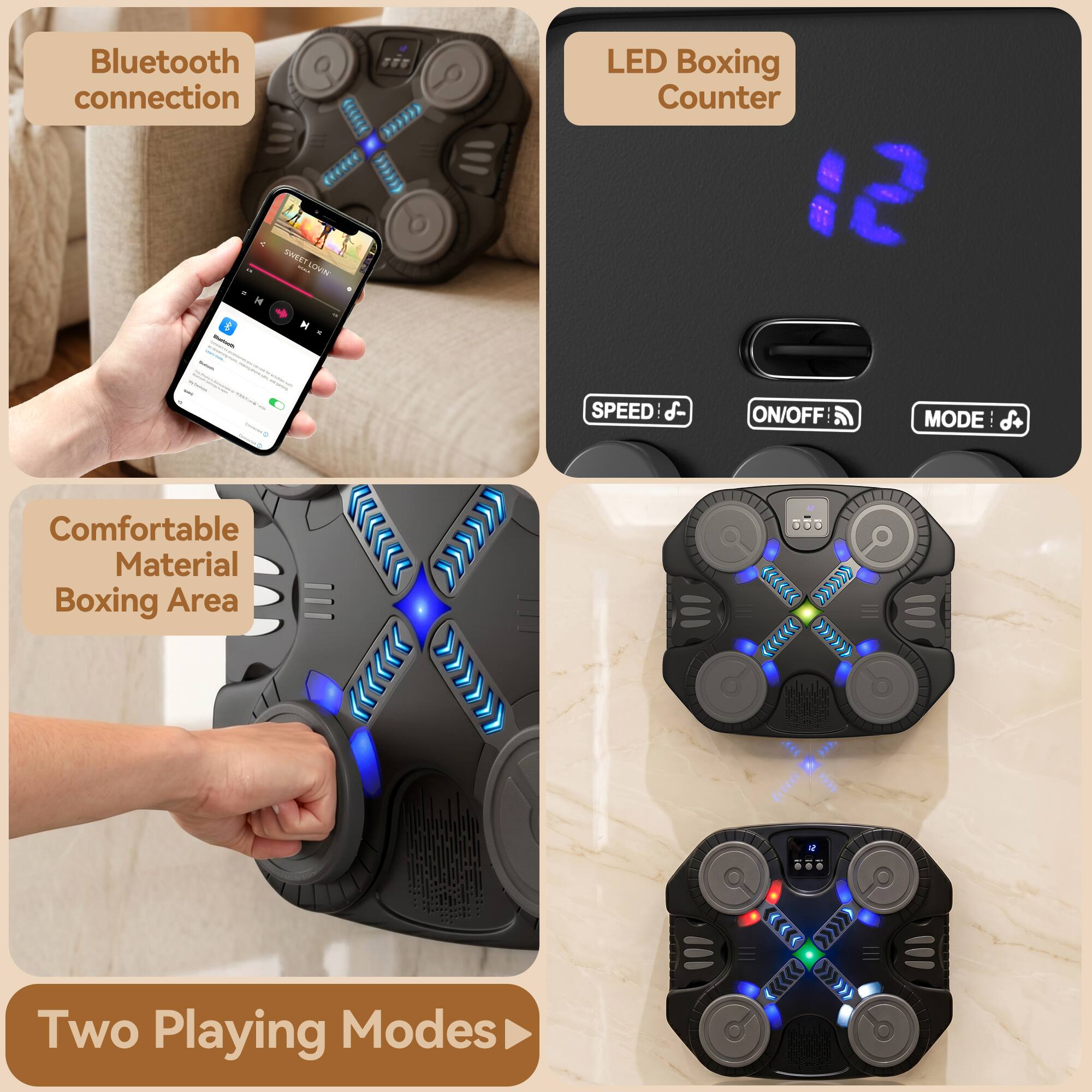 Bluetooth connection

LED Boxing Counter

Comfortable Material Boxing Area

Two Playing Modes