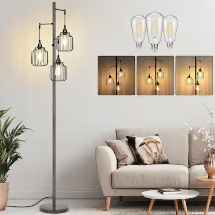 Front. Nordic Hygge - Dimmable Industrial Floor Lamp with 3 LED Edsion Bulbs, Farmhouse Tall Standing Lamp for Living Room in Rustic Brown - Brown.