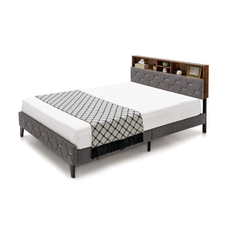 Hivvago - Full Size Velvet Upholstered Open/Close Storage Headboard Platform Bed - Gray