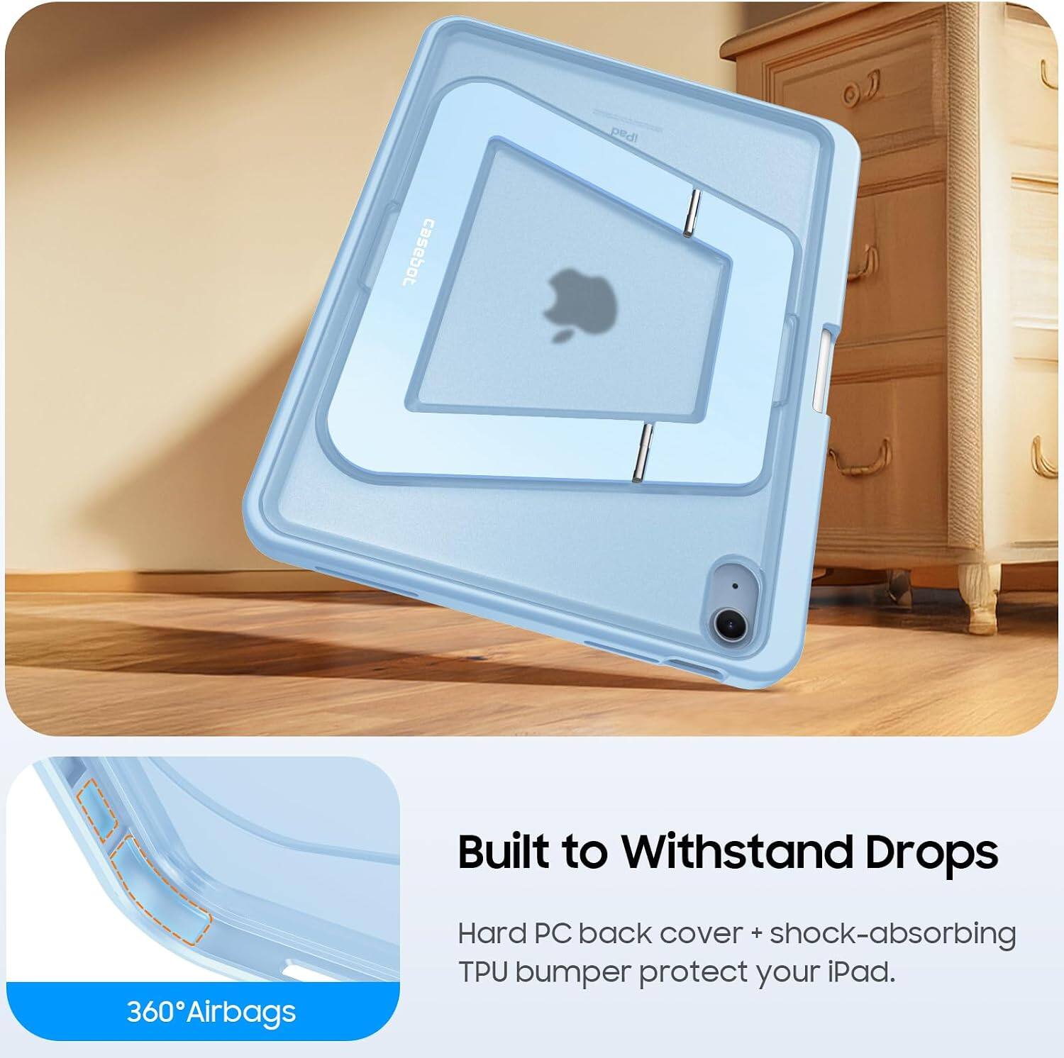 ped casebot Built to Withstand Drops 360 Airbags Hard PC back cover + shock-absorbing TPU bumper protect your iPad.