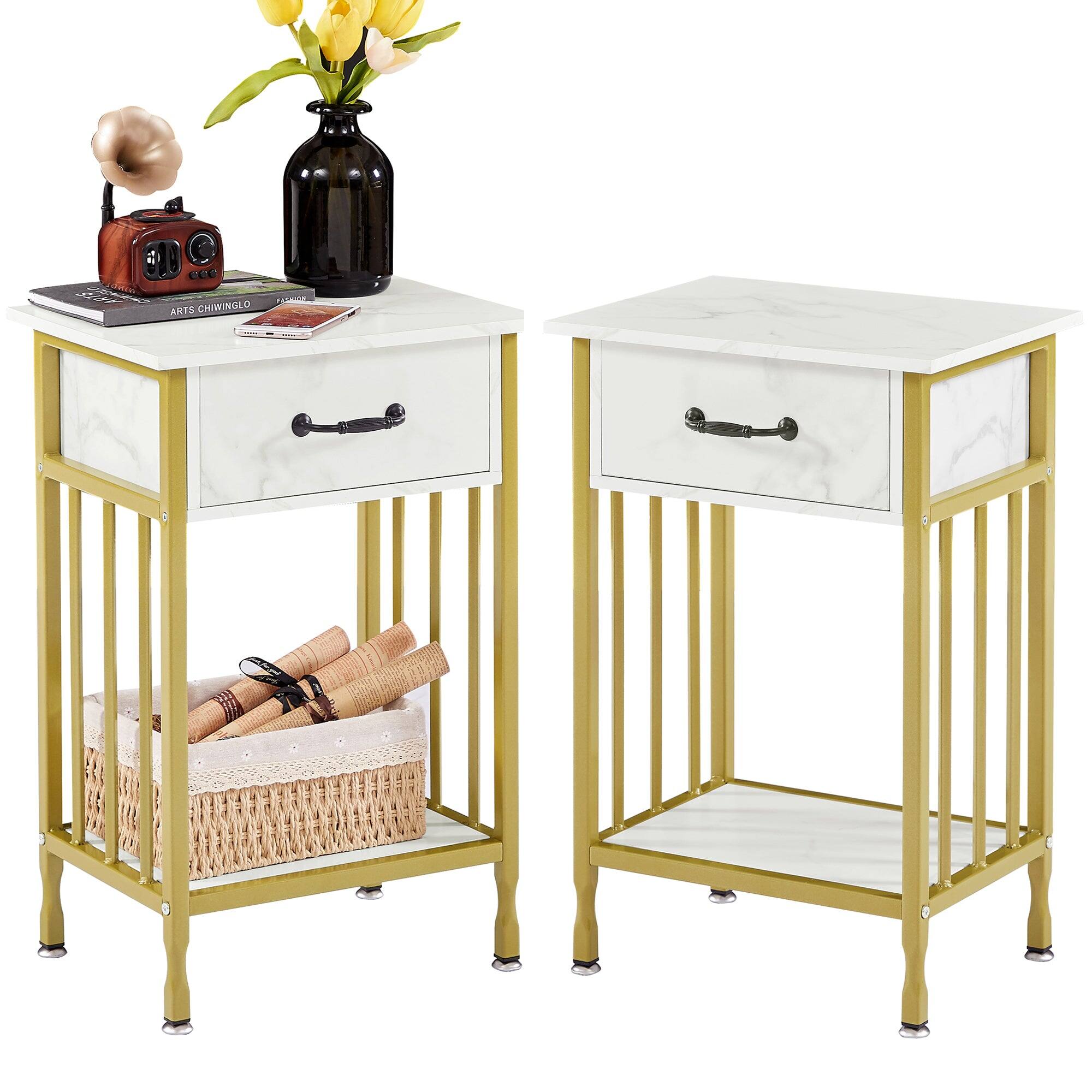 Vecelo - Set of 2 Industrial Nightstand - Bedside Table with Drawer, Compact End Table with Adjustable Feet, Metal Frame - Glod
