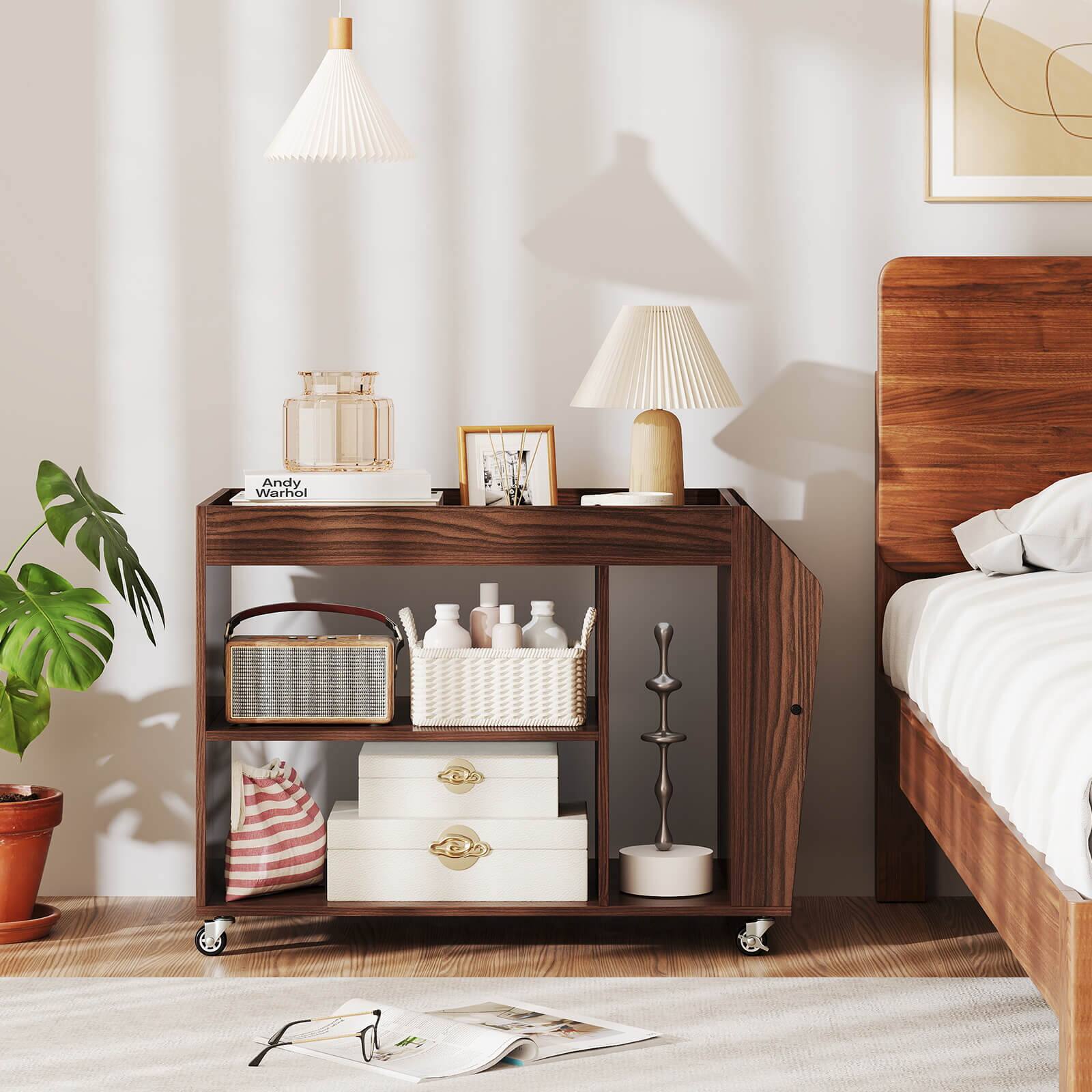 The image features a bedroom with a bed, a nightstand, and a dresser. The nightstand has a lamp and a potted plant on it, while the dresser has a radio and a clock. There is also a small table with a lamp and a potted plant on it. The bed is positioned next to the dresser, and the room appears to be well-organized and functional.