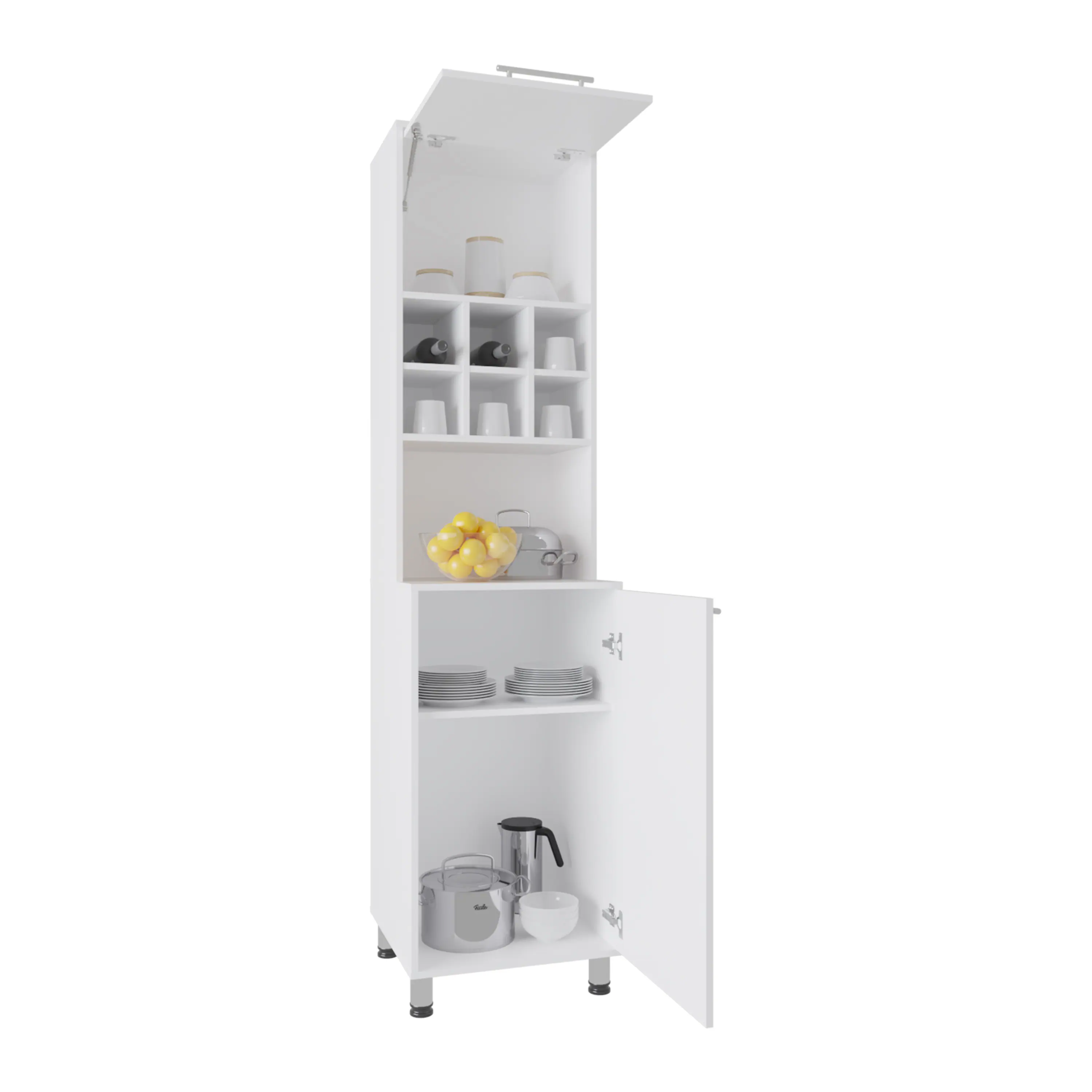 Left. TuHome - Tall Kitchen Pantry with Two Doors, Interior Storage Shelves, Six Bottle Racks and Open Countertop - White.