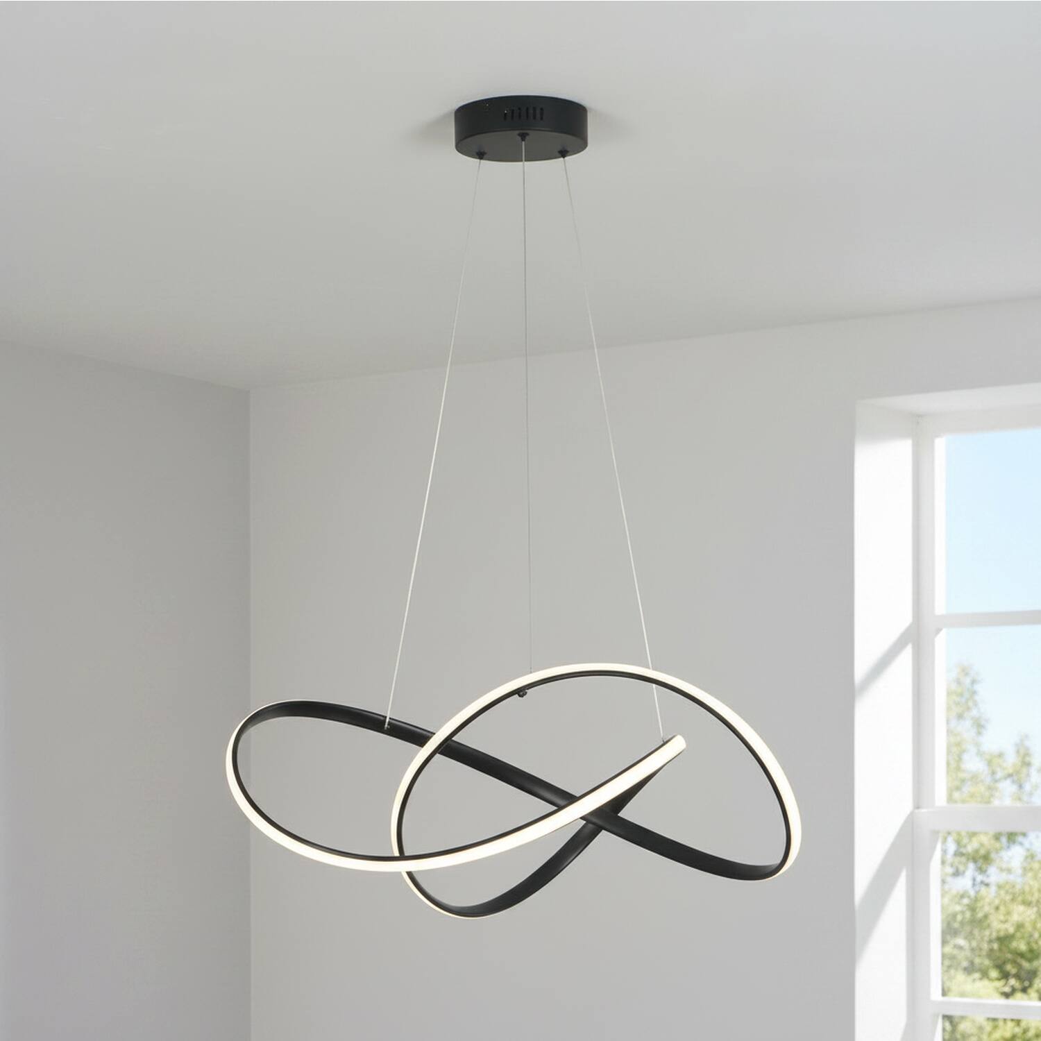 Alt View 2. Umeiluce - Modern 40W Integrated LED Abstract Ribbon Pendant Light, 3000K Dimmable Geometric Chandelier, Matte Black - Matte Black.