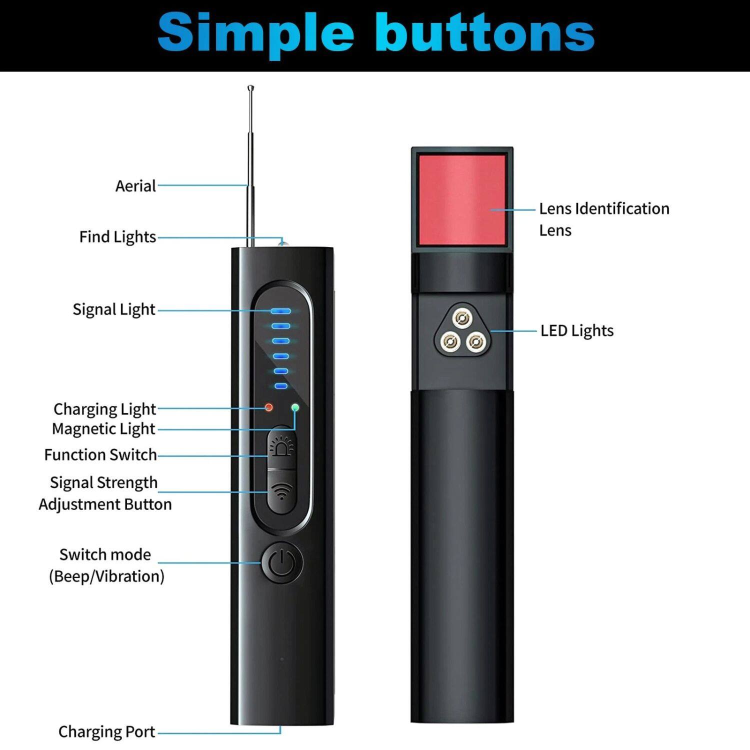 Simple buttons

- Aerial
- Find Lights
- Signal Light
- Charging Light
- Magnetic Light
- Function Switch
- Signal Strength Adjustment Button
- Switch mode (Beep/Vibration)
- Charging Port

- Lens Identification Lens
- LED Lights