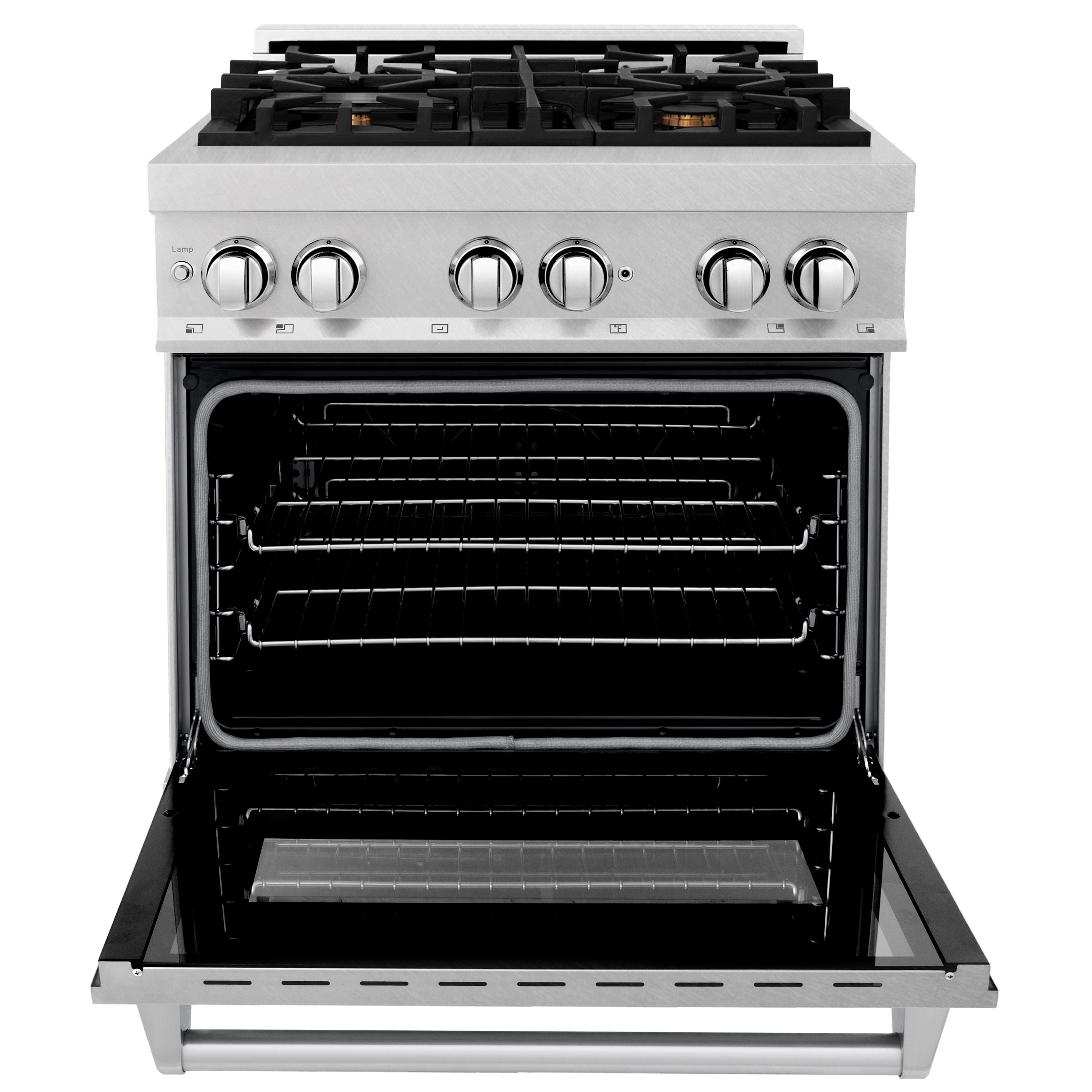 Left. ZLINE - ZLINE 30 in. Legacy Dual Fuel Range w/ 4 Brass Burners in Satin Stainless Steel (RAS-SN-BR-30) - Satin Stainless Steel.