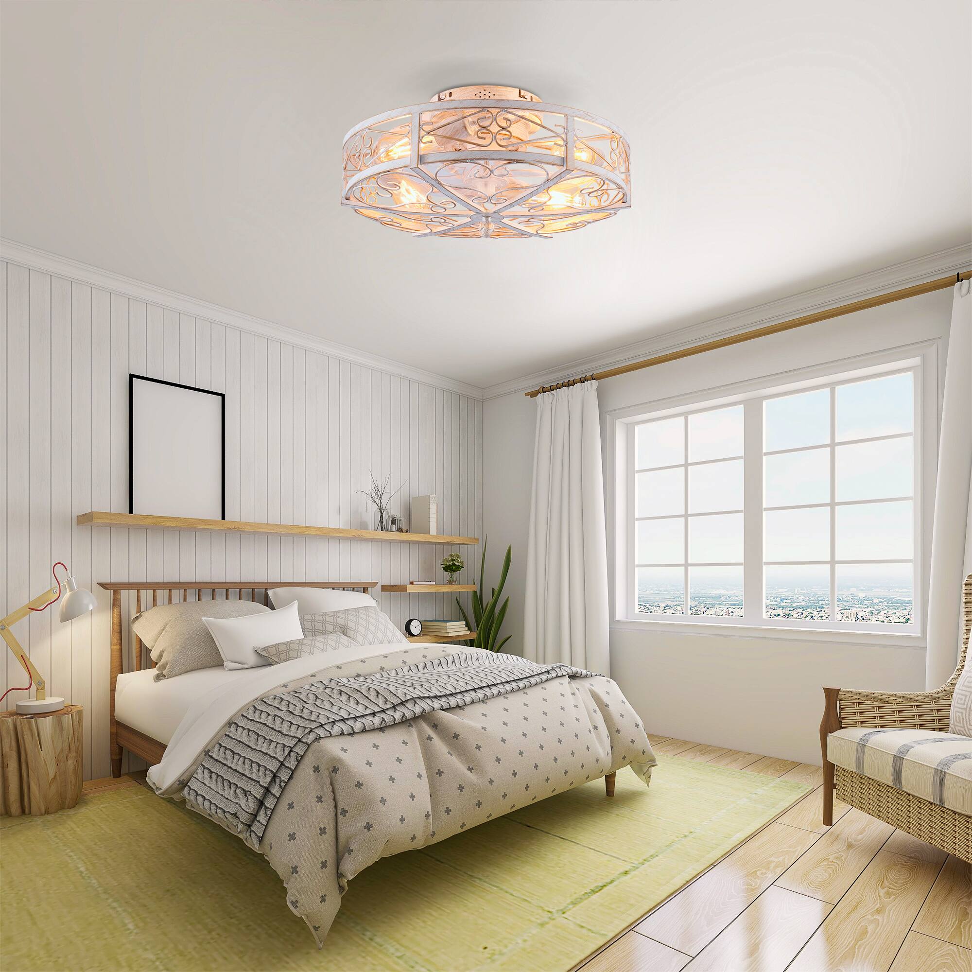 Alt View 1. GOODSILO - 20" Caged Ceiling Fan with Light & Remote, 6-Speed, Reversible, Timer (Bulbs Not Included) - Retro White.