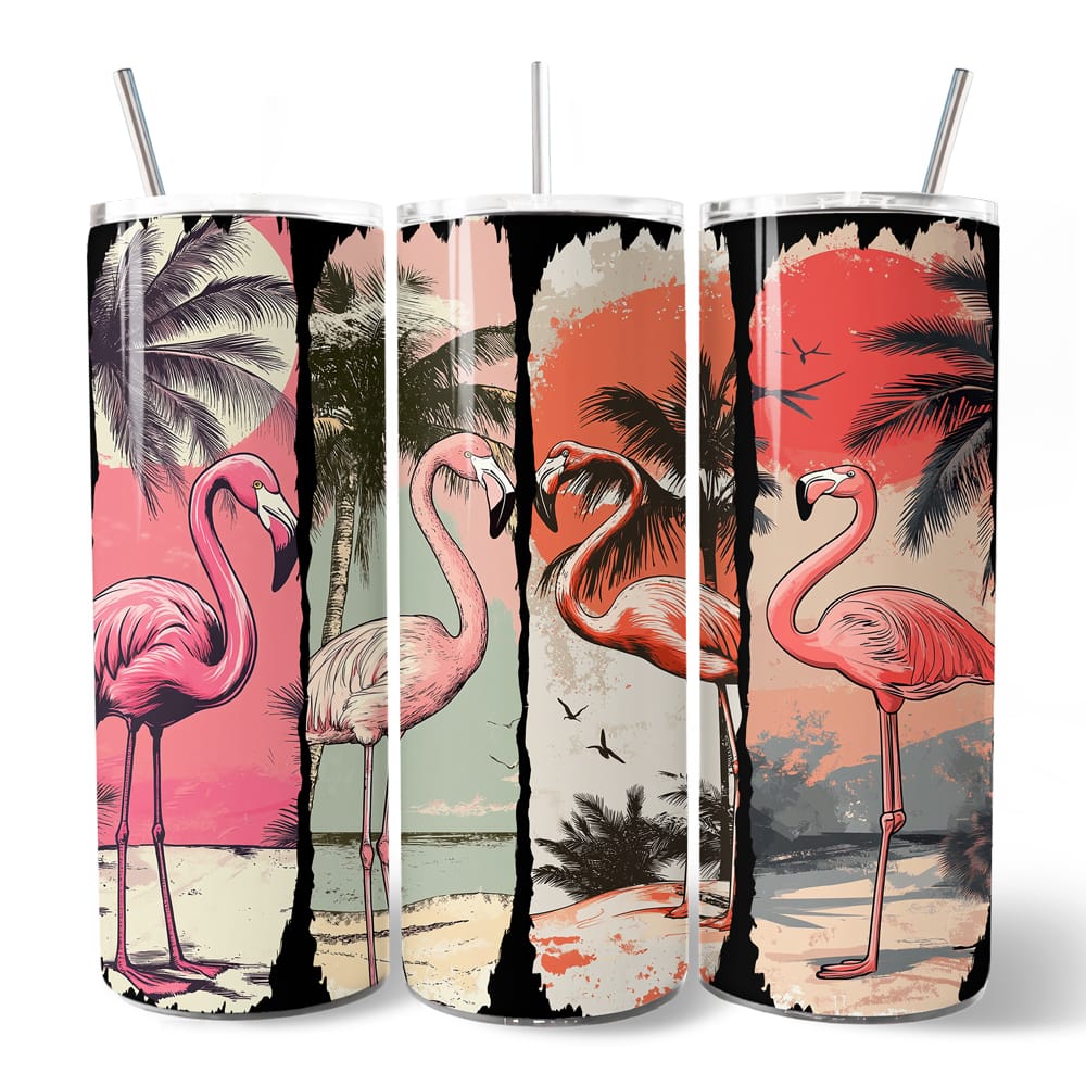 OrnamentallyYou - Retro Flamingo Beach 20oz Tumbler With Stainless Steel Straw, Summer Vacation Sunset Gift Cup - Multicolored