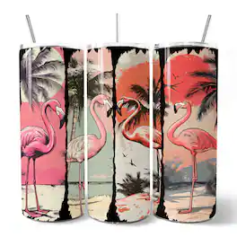 OrnamentallyYou - Retro Flamingo Beach 20oz Tumbler With Stainless Steel Straw, Summer Vacation Sunset Gift Cup - Multicolored
