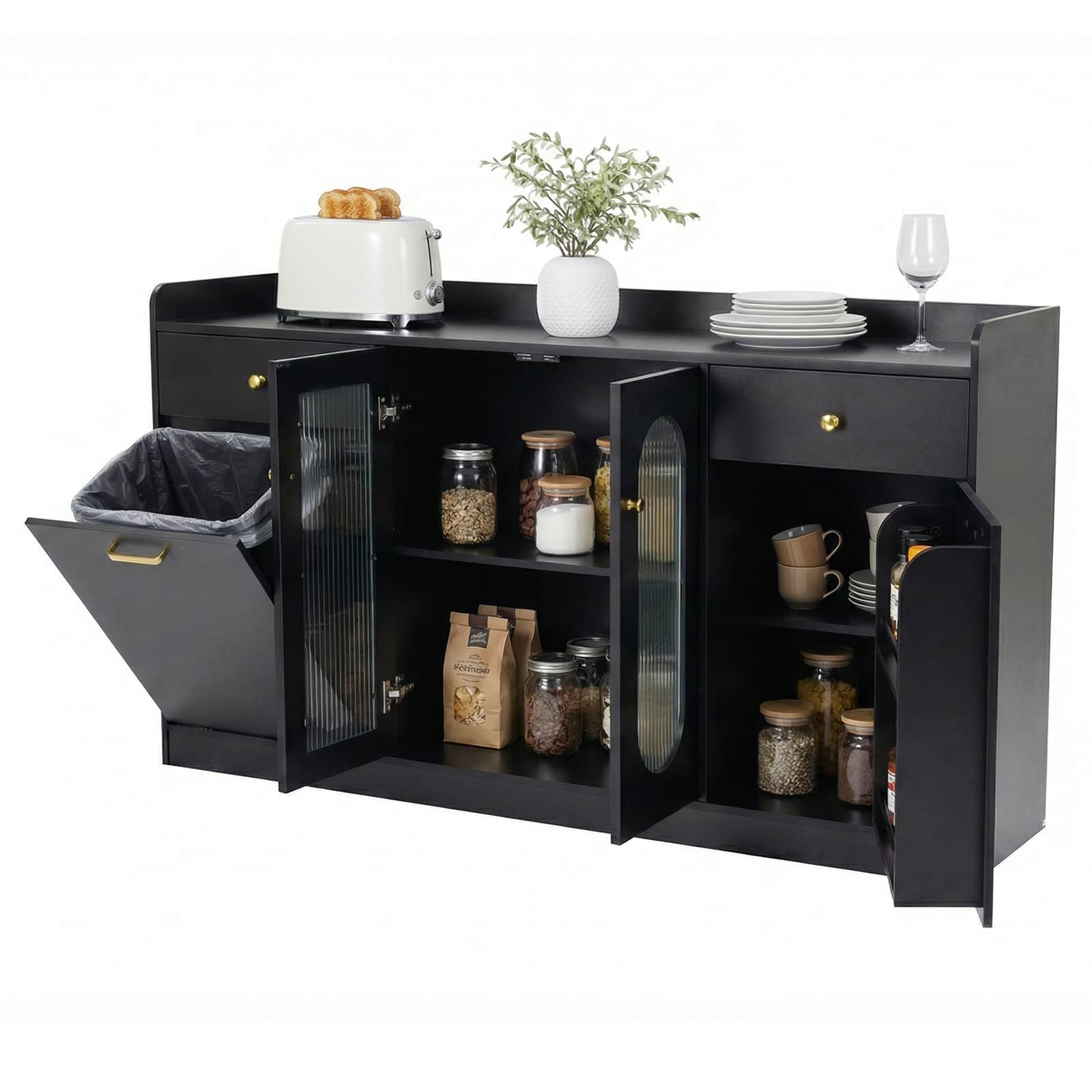 Costway - 55" Large Buffet Cabinet with 2 Glass Doors, 2 Drawers, 2 Door Shelves for Kitchen - Black