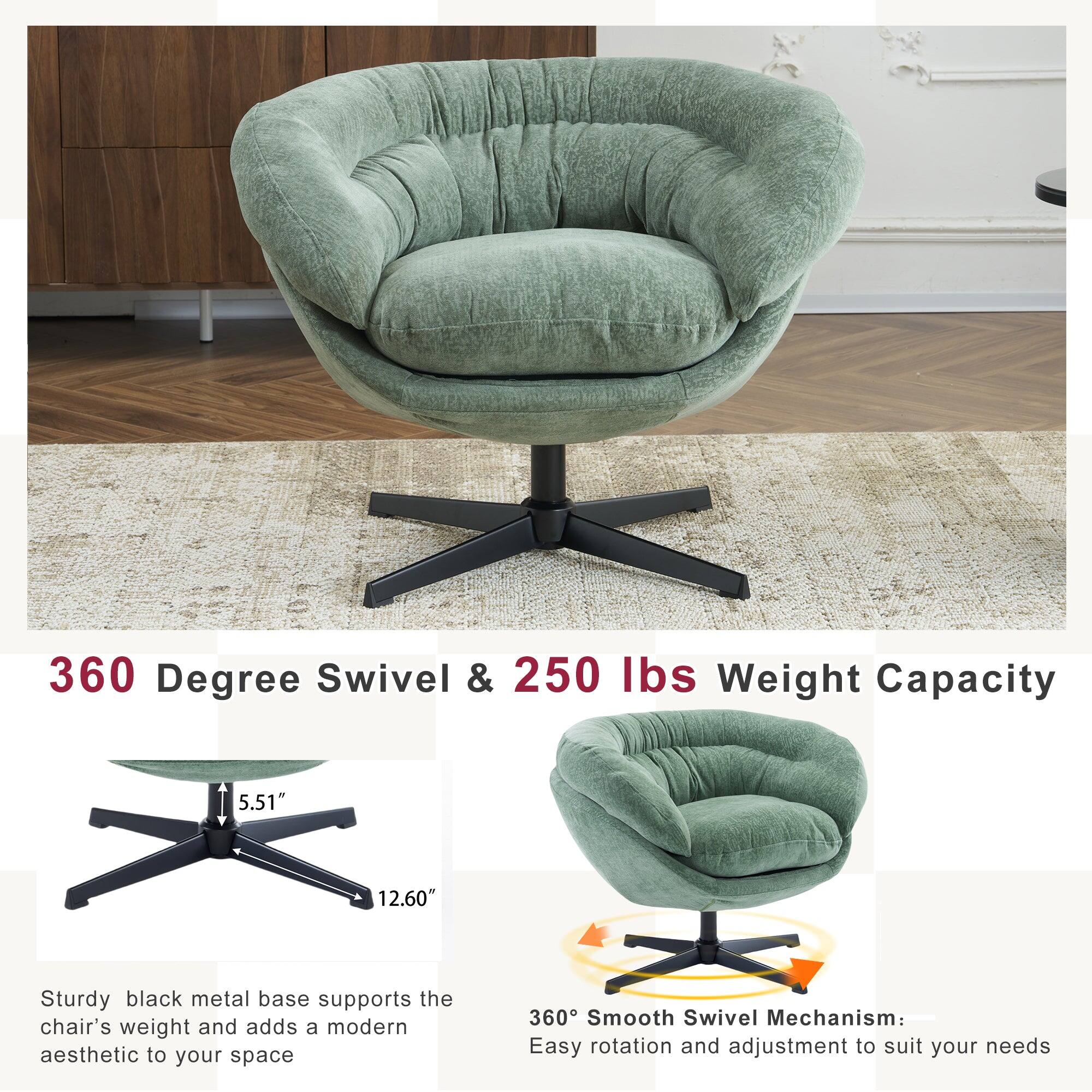 360 Degree Swivel & 250 lbs Weight Capacity

Sturdy black metal base supports the chair's weight and adds a modern aesthetic to your space

5.51" 12.60"

360° Smooth Swivel Mechanism: Easy rotation and adjustment to suit your needs