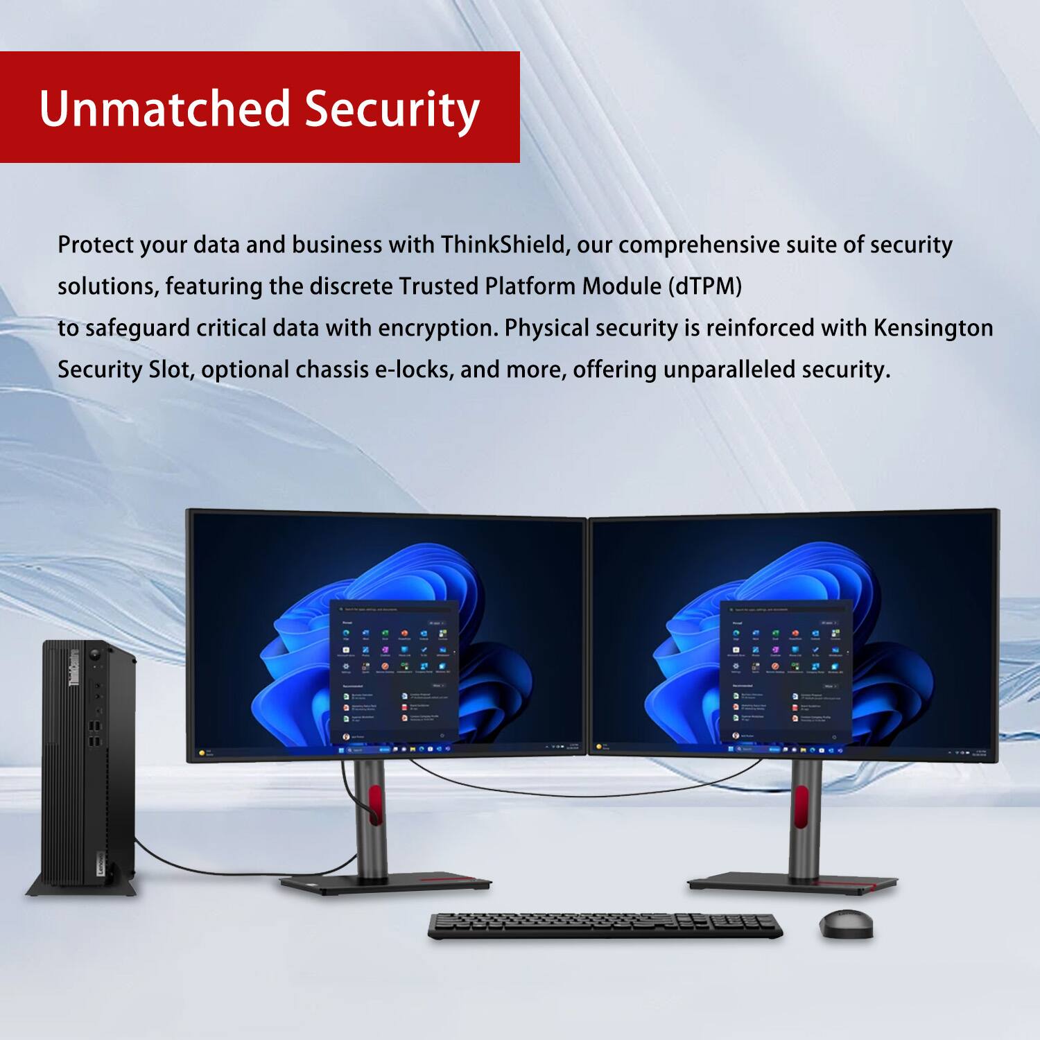 Unmatched Security: Protect your data and business with ThinkShield, our comprehensive suite of security solutions, featuring the discrete Trusted Platform Module (TPM) to safeguard critical data with encryption. Physical security is reinforced with Kensington Security Slot, optional chassis e-locks, and more, offering unparalleled security.