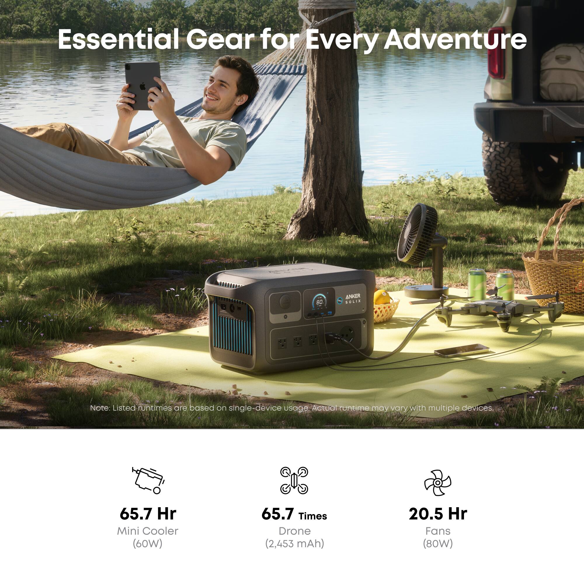 Essential Gear for Every Adventure

ANKER SOLEA

Note: Listed runtimes are based on single-device usage. Actual runtime may vary with multiple devices.

- 65.7 Hr Mini Cooler (60W)
- 65.7 Times Drone (2,453 mAh)
- 20.5 Hr Fans (80W)