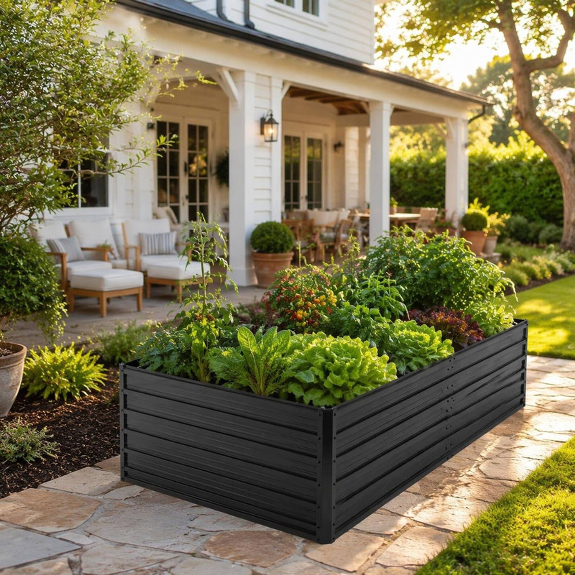 Back. RYHNUYNE - Galvanized Steel Raised Garden Bed 7.2x3.6x2 FT Black Metal Planter Box for Outdoor Vegetable Herb and Flower - Black.