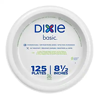 Sure, here is the corrected and grouped text:
---
**Dixie Basic**
- **MICROWAVABLE** / **POUR MICRO-ONDES** / **APTO PARA MICROONDAS**
- **CUT RESISTANT** / **RESISTANT À LA COUTURE** / **RESISTENTE AL CORTE**
- **PLATES COMPOSTABLE EXCEPT IN CALIFORNIA** / **PLATOS COMPOSTABLES EXCEPTO EN CALIFORNIA**
- **125 PLATES** / **8 1/2 INCHES**
- **125 PLATES** / **8 1/2 INCHES**
**Compostable** (with a leaf symbol)
**California Compostable** (with a leaf symbol)
---
This text is organized to reflect the information on the plate.