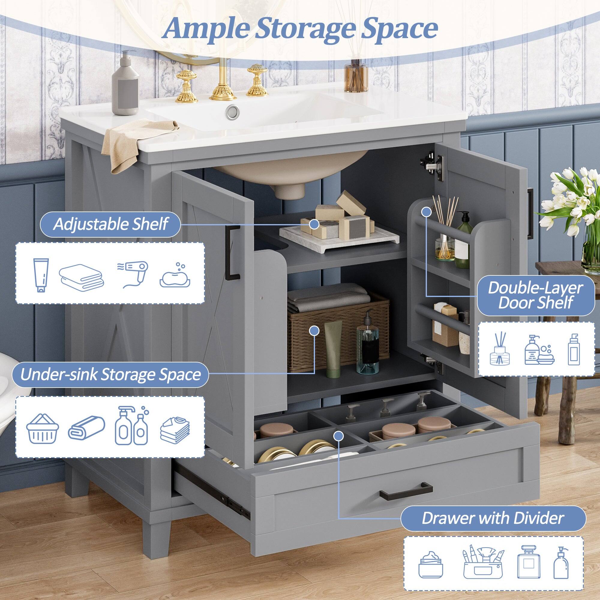 Ample Storage Space

Adjustable Shelf

Under-sink Storage Space

Double-Layer Door Shelf

Drawer with Divider