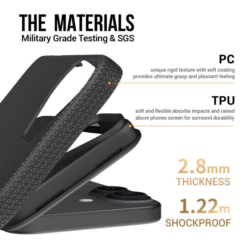 **THE MATERIALS**

Military Grade Testing & SGS

- **PC**
  - unique rigid texture with soft coating provides ultimate grasp and pleasant feeling

- **TPU**
  - soft and flexible absorbs impacts and raised above phones screen for surround durability

2.8mm THICKNESS

1.22m SHOCKPROOF