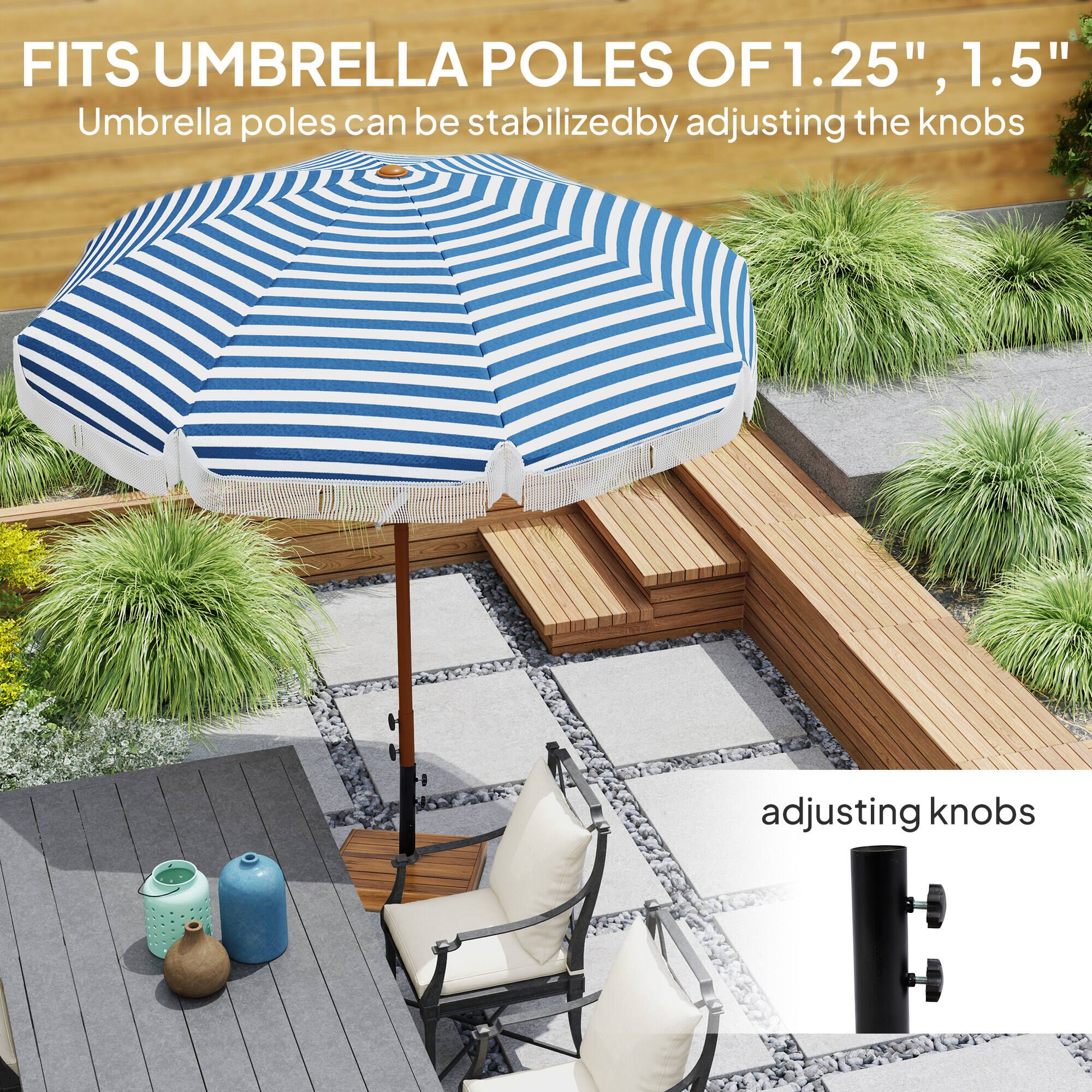 FITS UMBRELLA POLES OF 1.25", 1.5"

Umbrella poles can be stabilized by adjusting the knobs

adjusting knobs