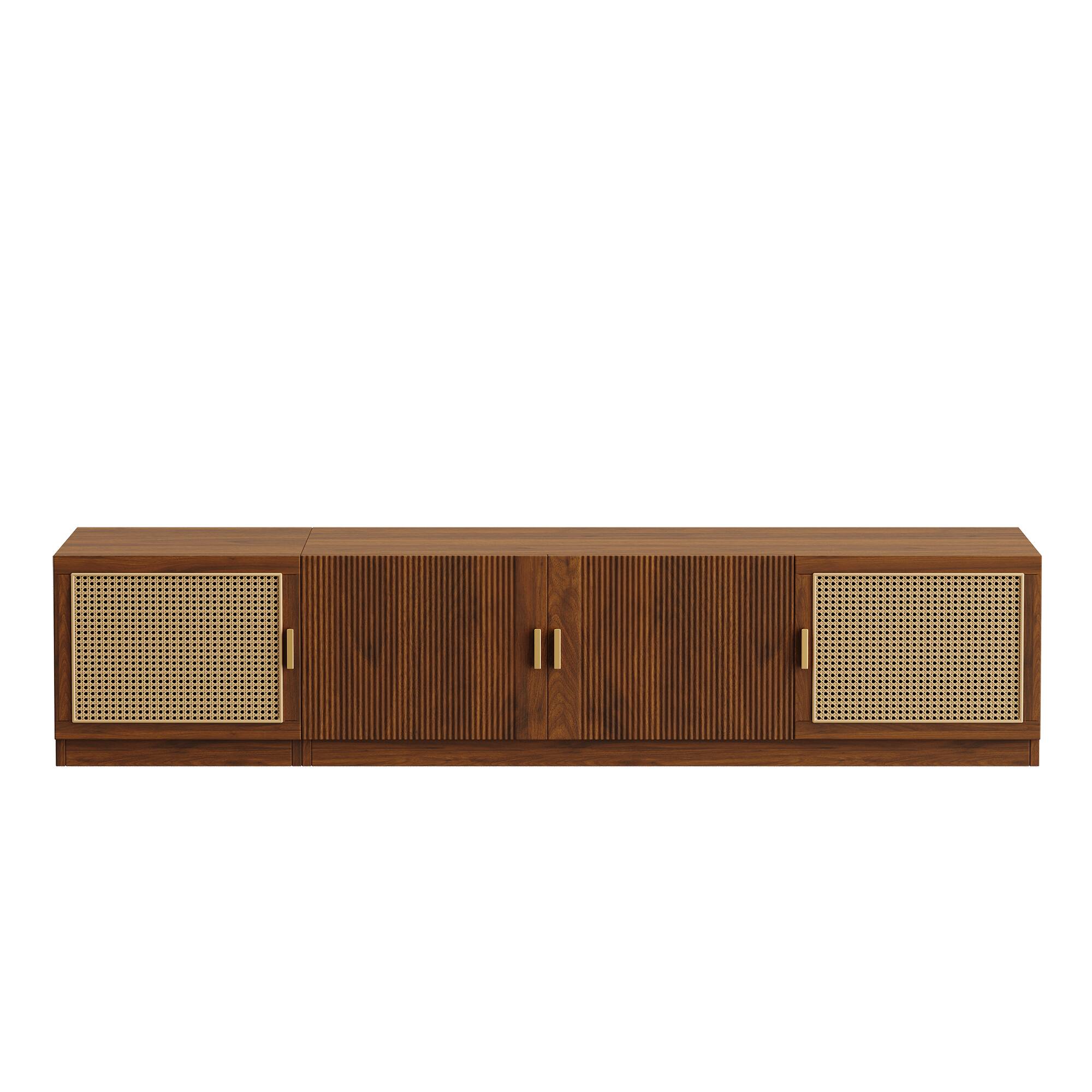 Alt View 4. MERAVOM - Mid-Century Modern TV Stand for TVs Up to 85", Entertainment Center with Rattan Doors, Adjustable Shelf for Living Room - Walnut.