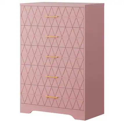 Front. Acekool - Tall Chest of Drawers for Bedroom with 5 Drawers, Wooden Dresser with Gold Handles for Closet, Wood Storage Cabinet - Pink.