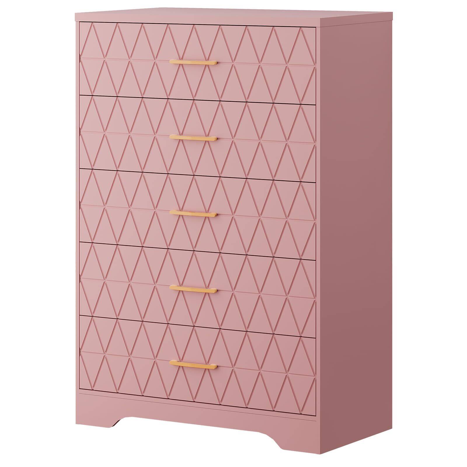 Front. Acekool - Tall Chest of Drawers for Bedroom with 5 Drawers, Wooden Dresser with Gold Handles for Closet, Wood Storage Cabinet - Pink.