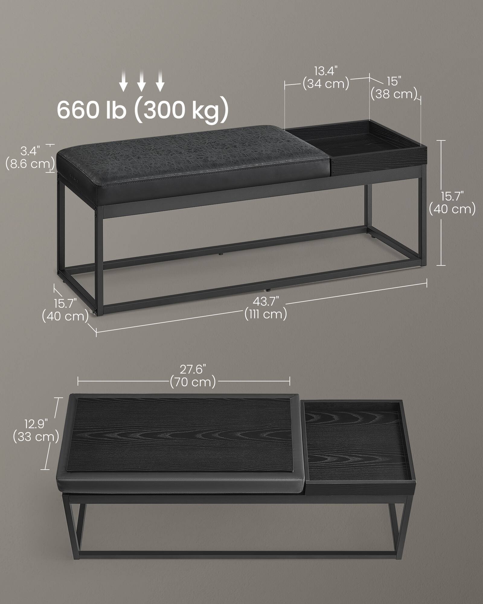 660 lb (300 kg)

3.4" (8.6 cm)

13.4" (34 cm) x 15" (38 cm)

15.7" (40 cm) x 15.7" (40 cm)

43.7" (111 cm)

12.9" (33 cm) x 27.6" (70 cm)