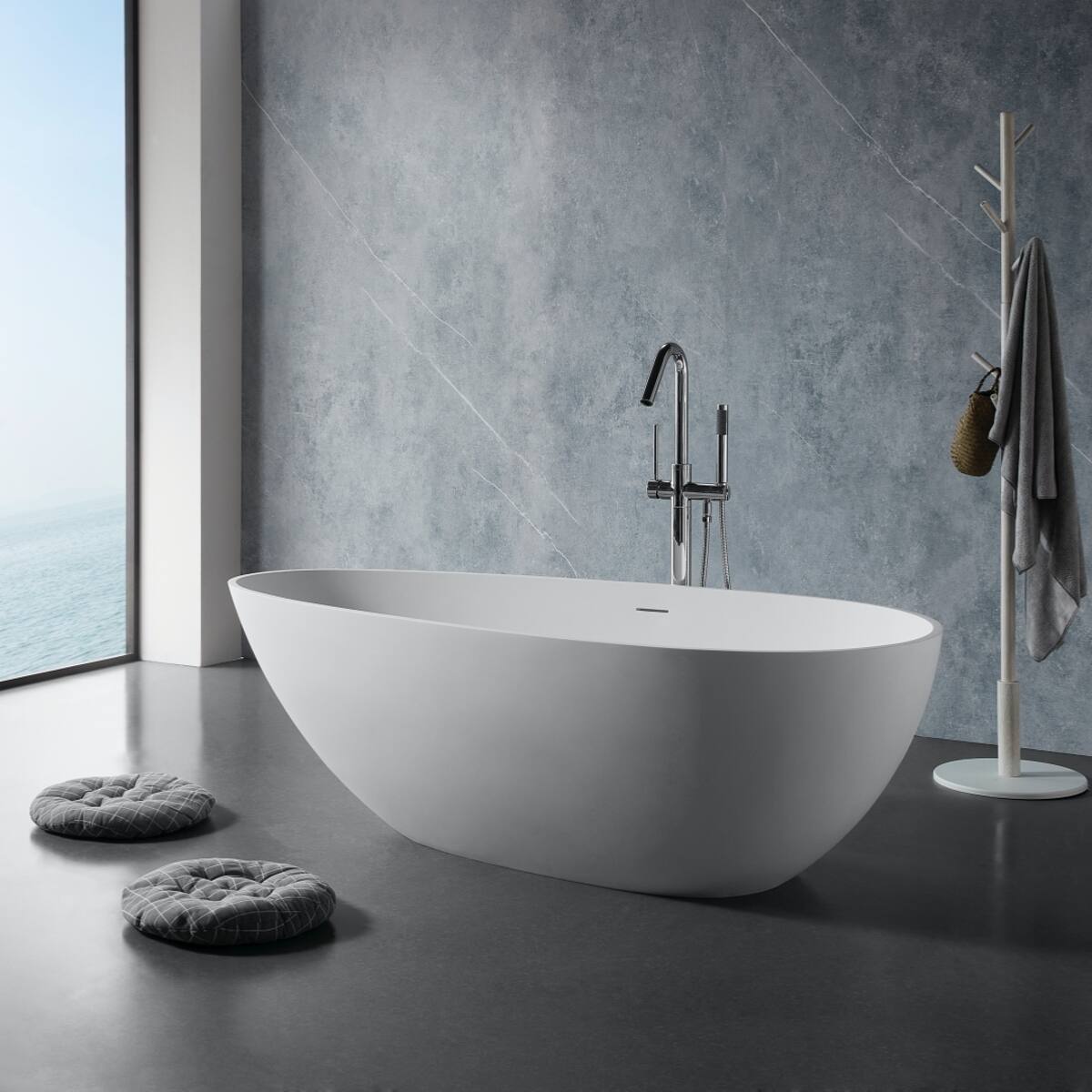 Angle. Loheer - Loheer 59 in Freestanding Stone Resin Soaking Bathtub in Matte White with Center Drain and Overflow - Matte White.