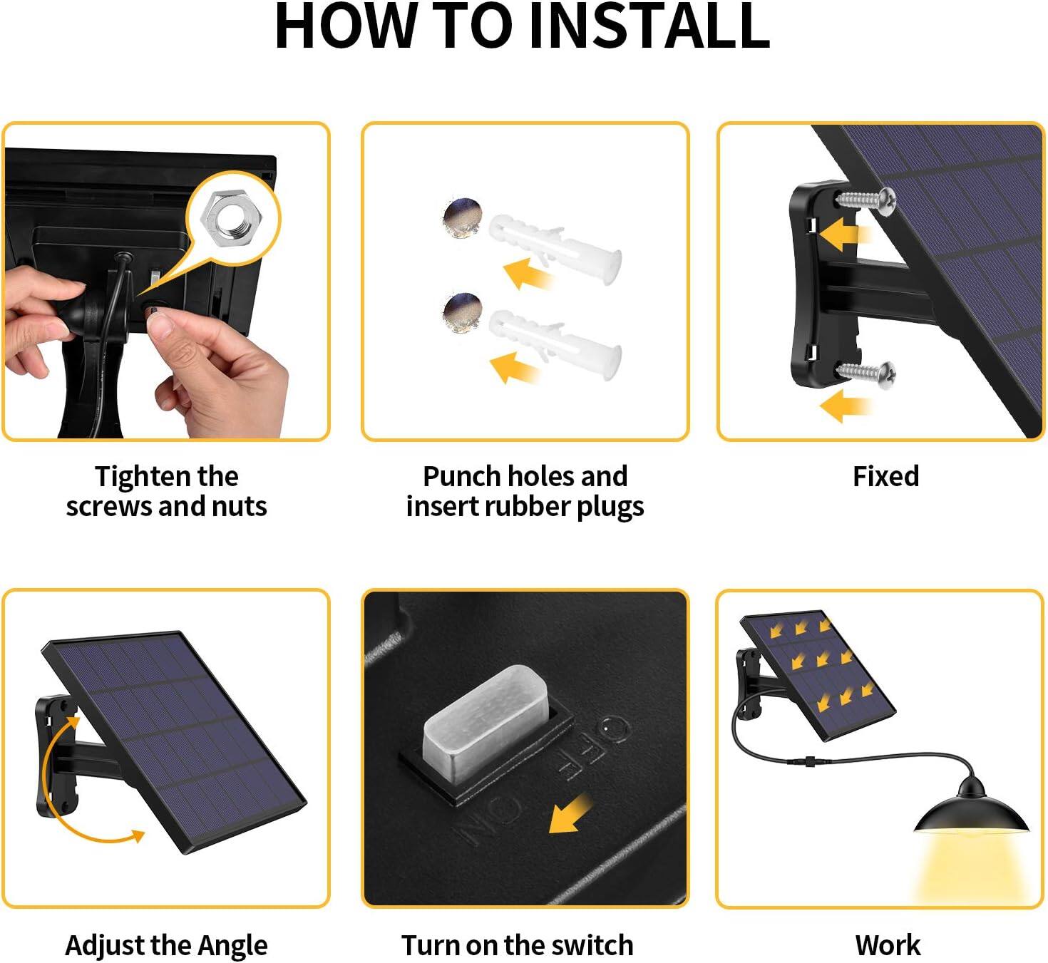 HOW TO INSTALL

1. Tighten the screws and nuts
2. Punch holes and insert rubber plugs
3. Fixed
4. Adjust the Angle
5. Turn on the switch
6. Work