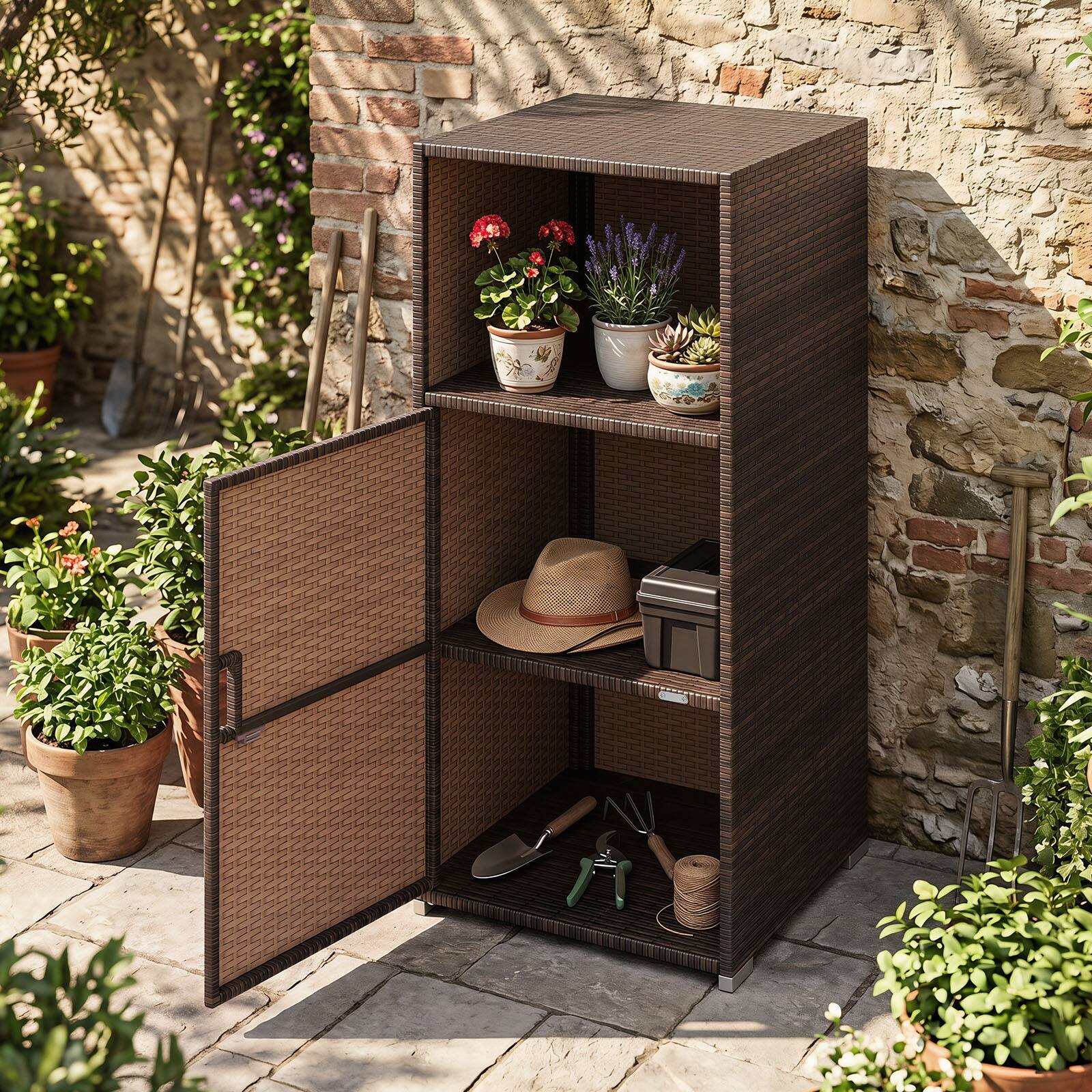Costway Outdoor Storage Cabinet PE Wicker Buffet Sideboard with
