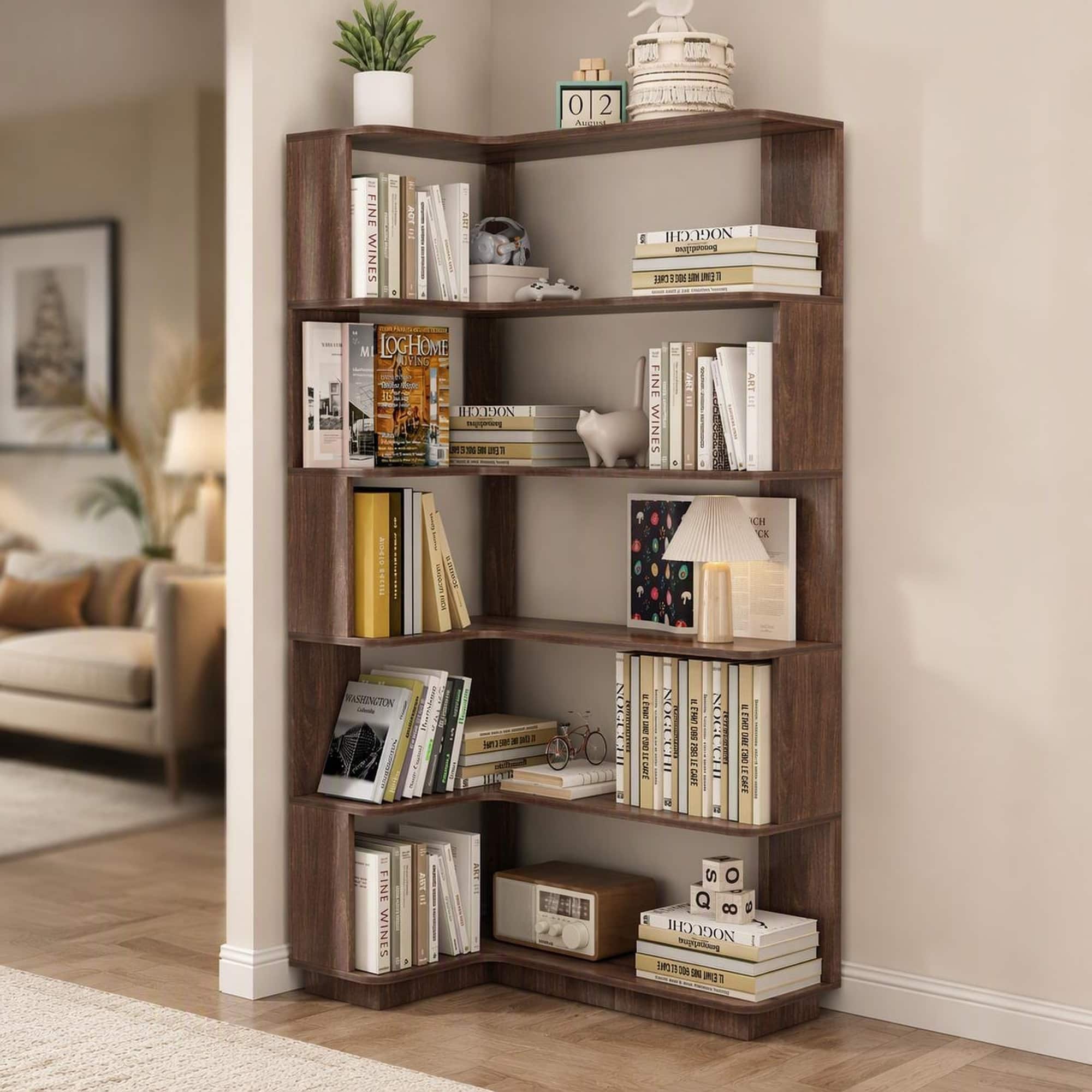 RYHNUYNE - 90cm L-Shaped 5-Tier Corner Bookshelf 64.56 in H Freestanding Wood Bookcase with Anti-Drop Panel - Brown