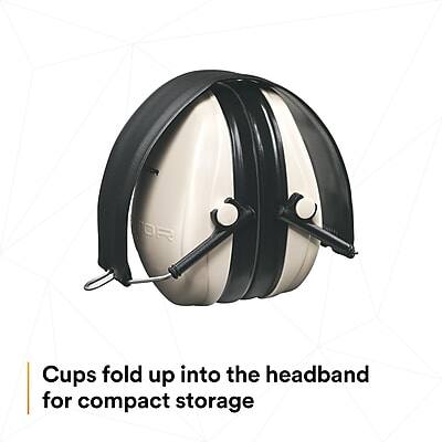 Cups fold up into the headband for compact storage