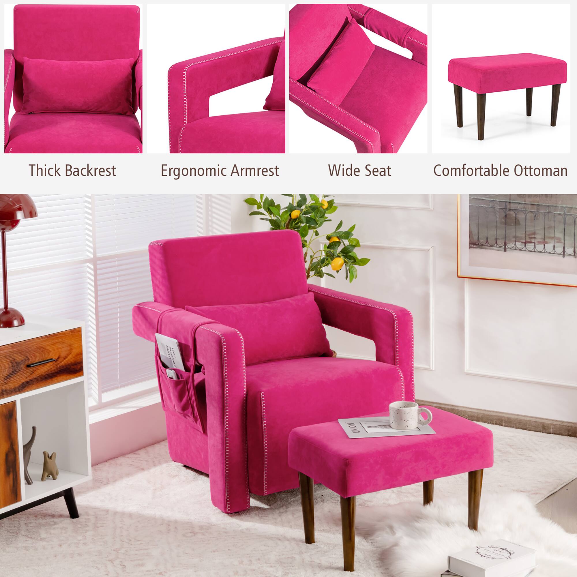 The text on the image reads: "Thick Backrest Ergonomic Armrest Wide Seat Comfortable Ottoman."