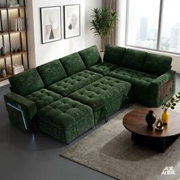 Dyonery - 7-seater U-shaped sofa with pull-out bed, adjustable backrest, tool-free assembly - Green