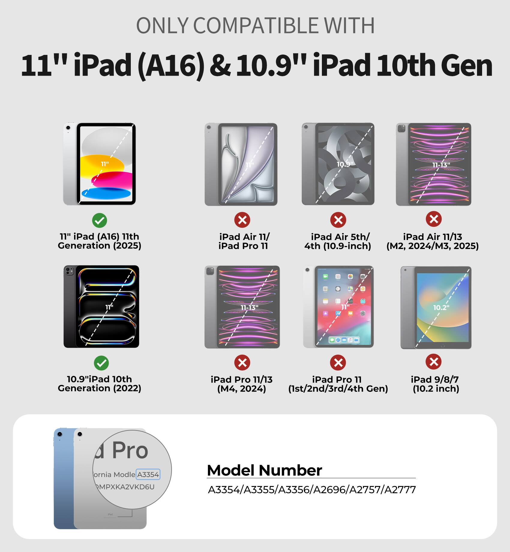ONLY COMPATIBLE WITH  
11" iPad (A16) & 10.9" iPad 10th Gen

- 11" iPad (A16) 11th Generation (2025)
- 10.9" iPad 10th Generation (2022)

Model Number  
A3354/A3355/A3356/A2696/A2757/A2777
