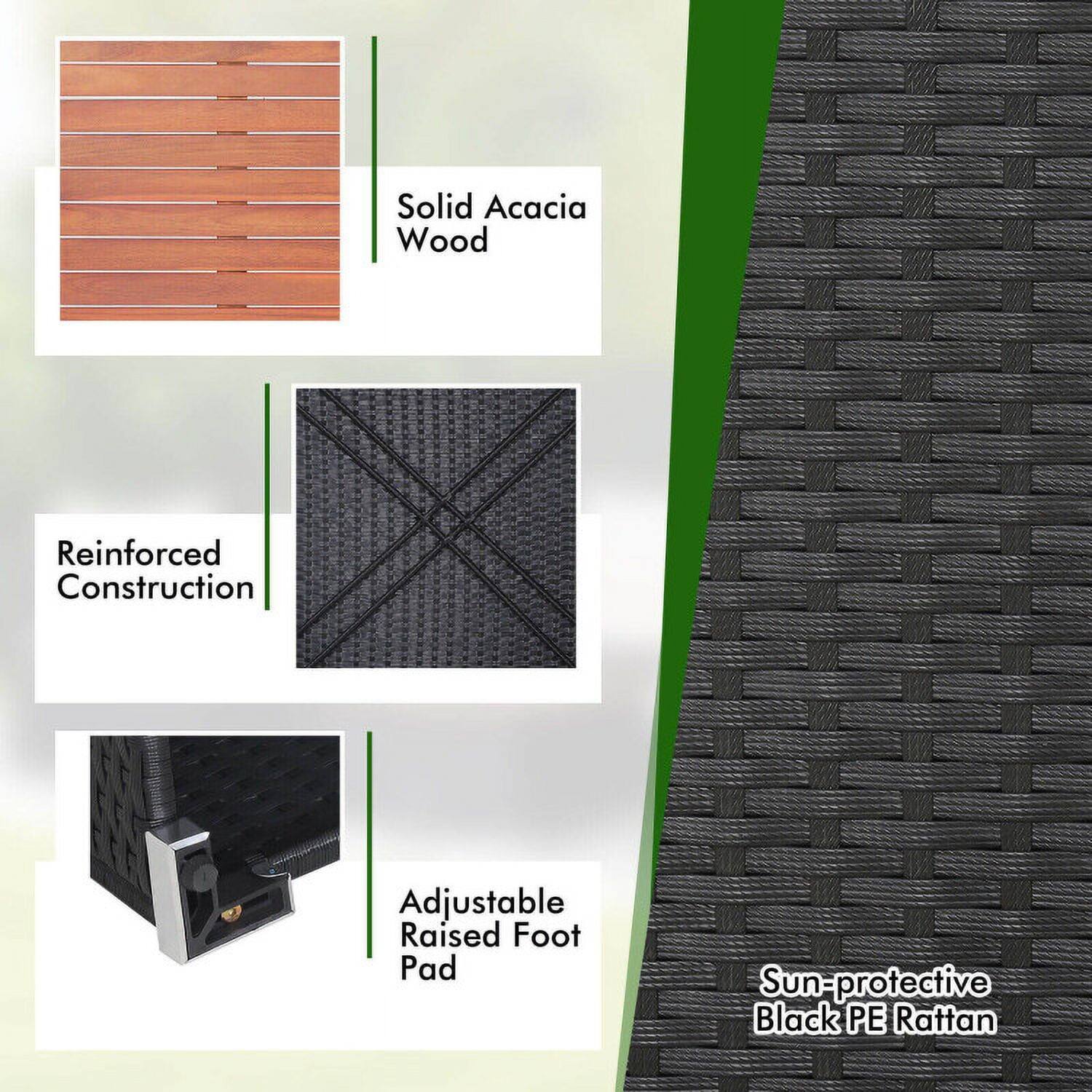 Solid Acacia Wood  
Reinforced Construction  
Adjustable Raised Foot Pad  
Sun-protective Black PE Rattan