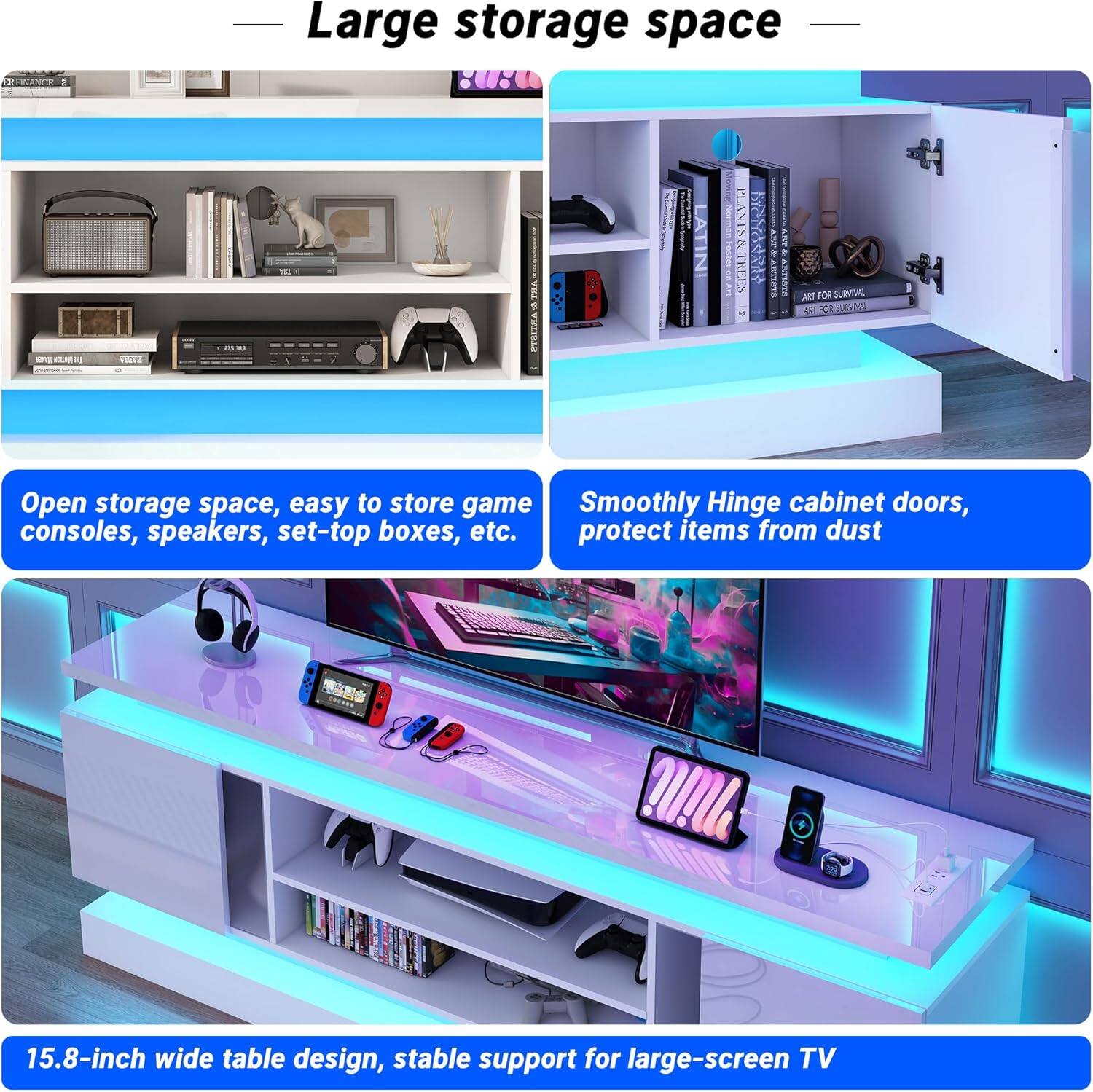 Large storage space

Open storage space, easy to store game consoles, speakers, set-top boxes, etc.

Smoothly Hinge cabinet doors, protect items from dust

15.8-inch wide table design, stable support for large-screen TV