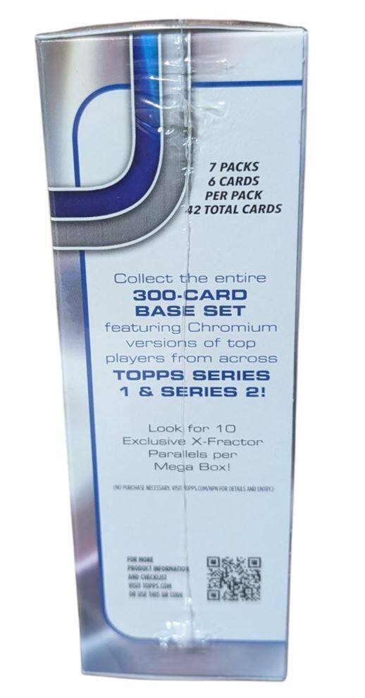7 PACKS  
6 CARDS PER PACK  
42 TOTAL CARDS  

Collect the entire  
300-CARD BASE SET  
featuring Chromium versions of top players from across  
TOPPS SERIES 1 & SERIES 2!  

Look for 10 Exclusive X-Fractor Parallels per Mega Box!  

NO PURCHASE NECESSARY. VISIT TOPPS.COM/NPN FOR DETAILS AND ENTRY.  

FOR MORE  
PRODUCT INFORMATION  
VISIT TOPPS.COM  
OR SCAN THIS QR CODE