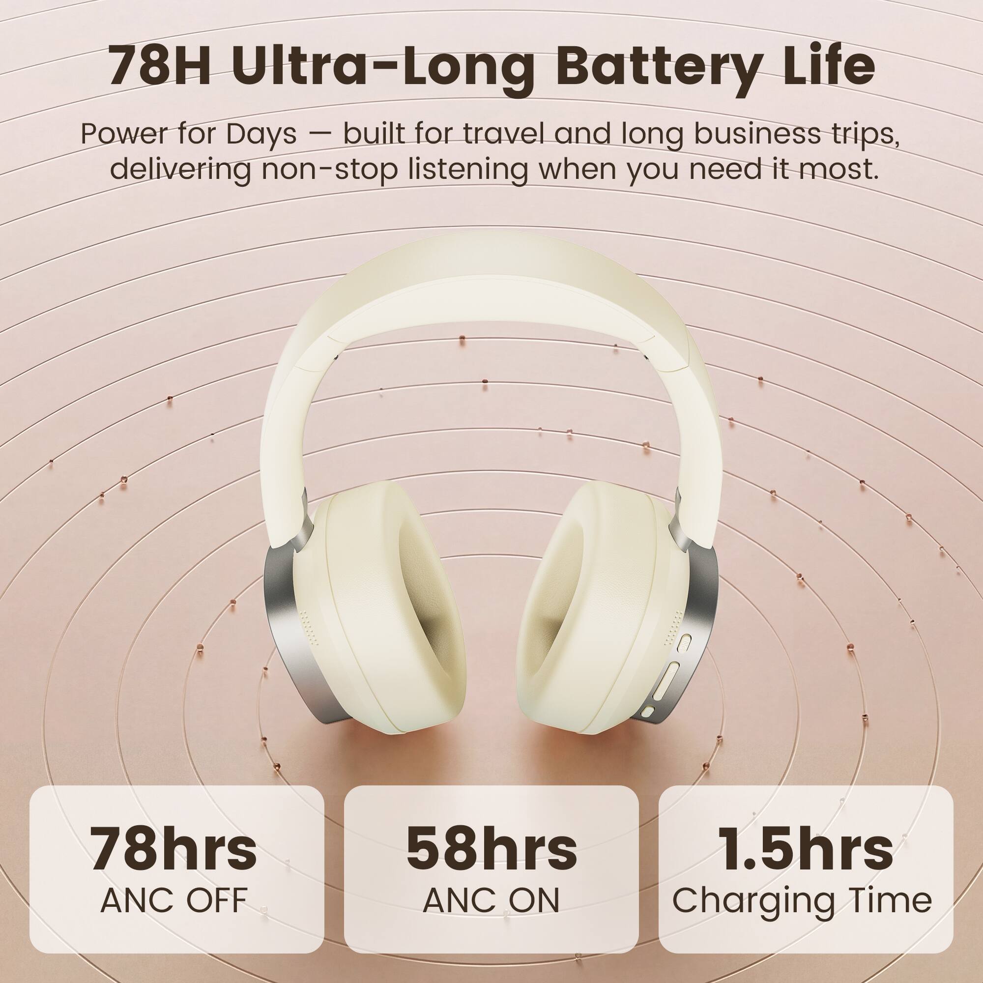 78H Ultra-Long Battery Life

Power for Days — built for travel and long business trips, delivering non-stop listening when you need it most.

78hrs ANC OFF  
58hrs ANC ON  
1.5hrs Charging Time